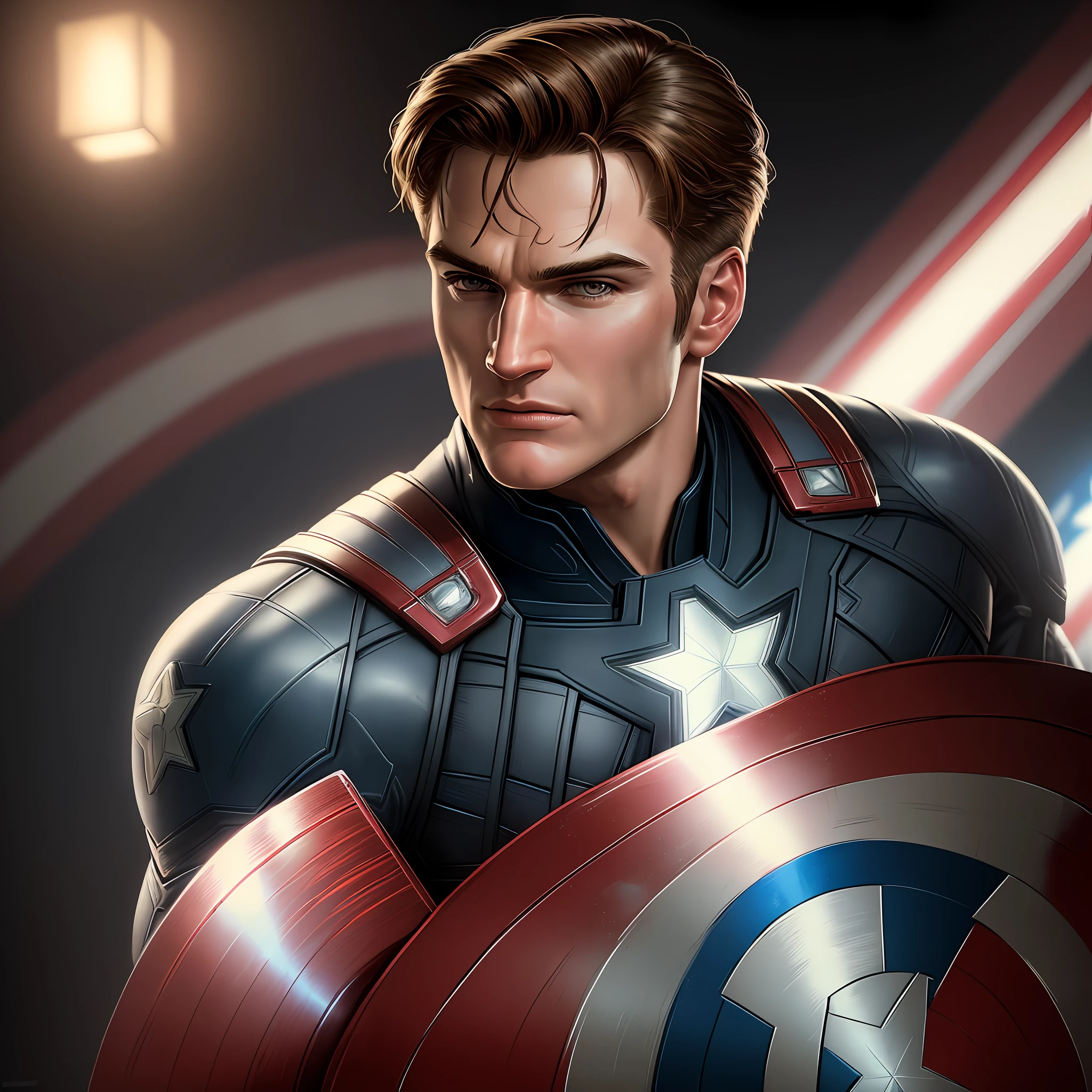 . Tarantino style Captain America Moreno 8k, high definition, detailed face, detailed face, detailed eyes, detailed suit, Marvel and DC style, hyper-realistic, + cinematic plan + dynamic composition, incredibly detailed, sharpness, detail + superb details + night with light + perfectionism + award-winning realism ((ambient lighting))