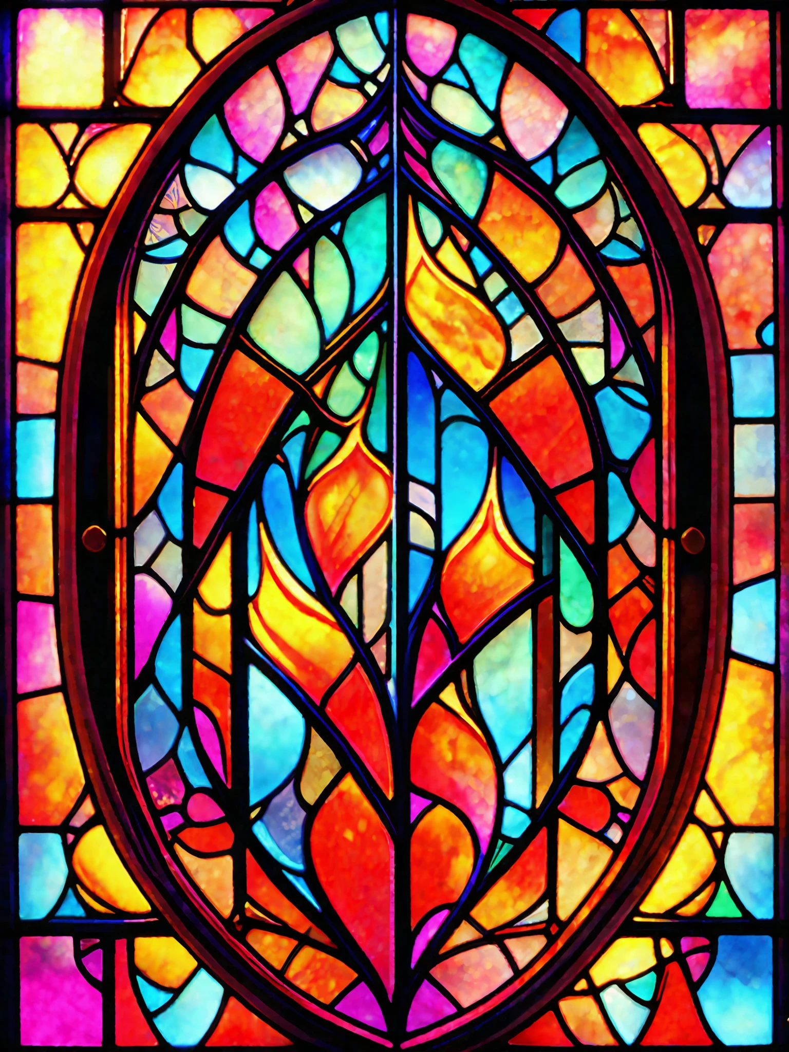 Stained glass window style, the pattern of the glass is a roaring flame, vivid colors, clear details, breathtaking rendering, inspired by Kinuko Y. Craft, magical elements, bright flash, flash