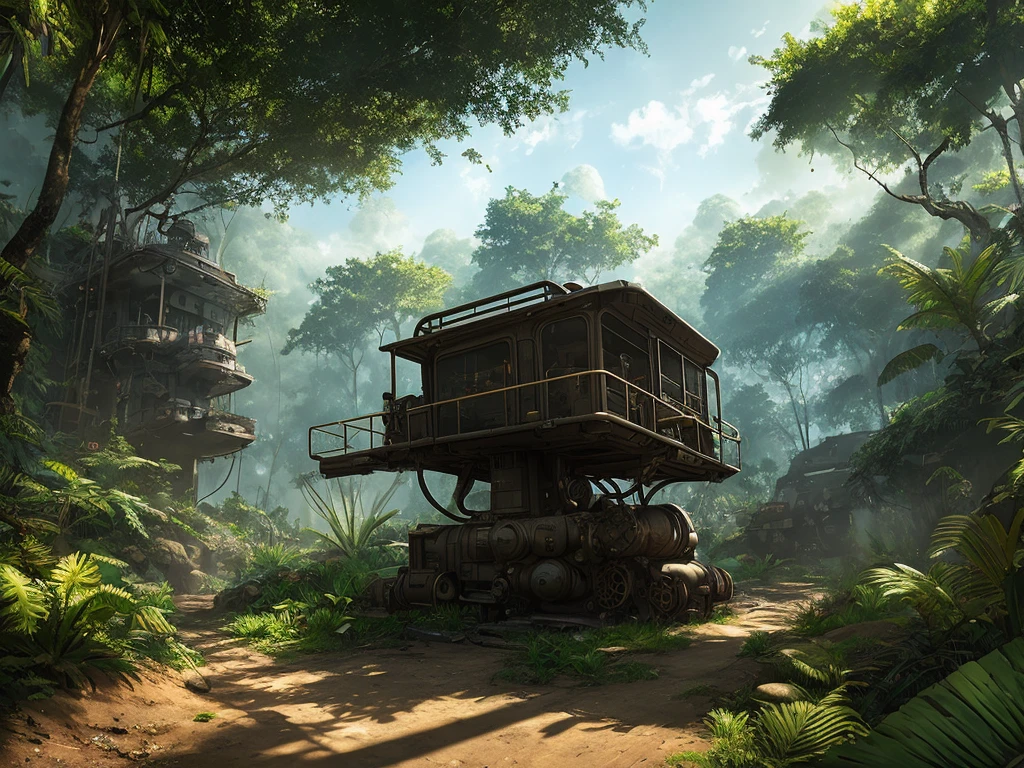 |a first person shooter| set in the jungle with |lots of videogame action|, |steampunk ships|, morning lighting, wide angle, anime style rendering, 8k uhd, studio quality, ultra realistic, max detail, massive scale, post-processing, realistic, photorealism, photoshop, photography, raytracing, octane render