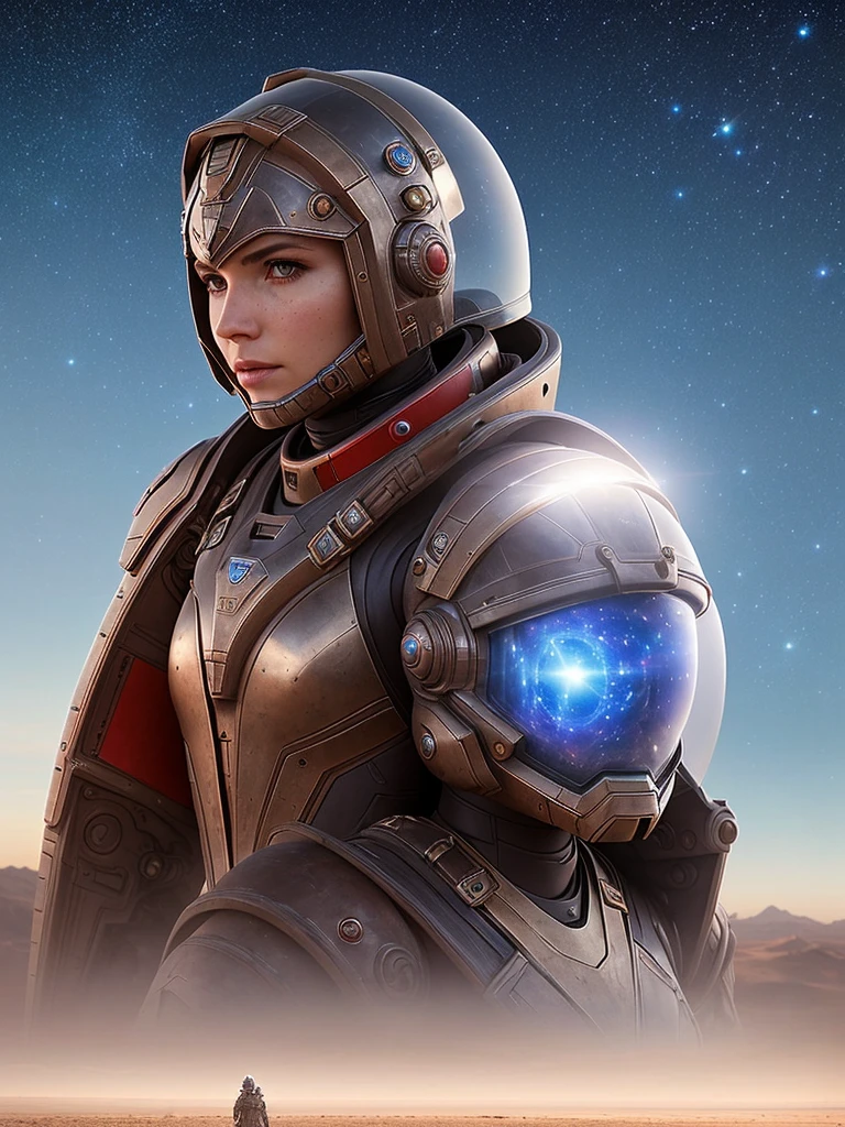 Portrait of a space warrior woman, distinctly feminine, red and blue heavy armor, in the desert, detailed, cinematic composition, power armor, intricate detail, eerie, highly detailed, 8k, by artgerm and greg rutkowski and alphonse mucha art, poor quality photo, blurry, reflective metal