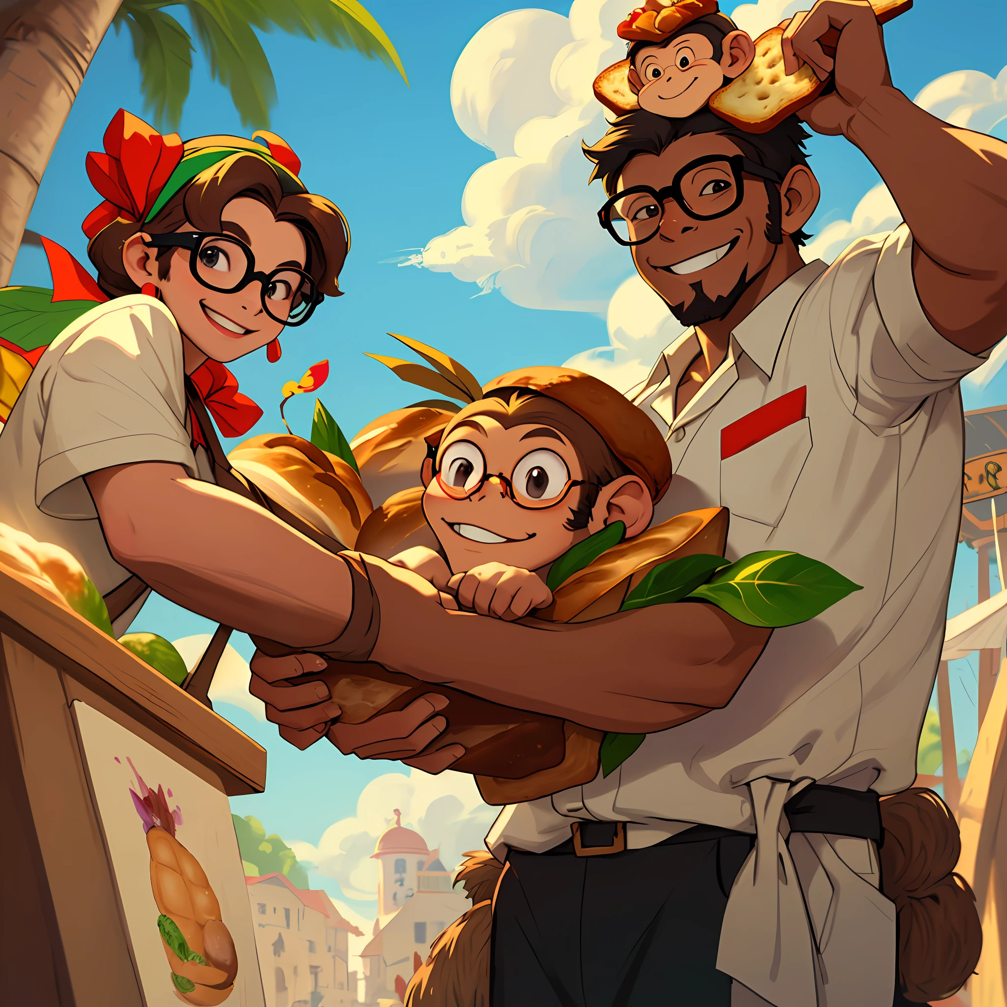 Monkey painting a picture, Cartoonized, with a bread on his head, a glasses, smiling, 8k quality, cinematic focus