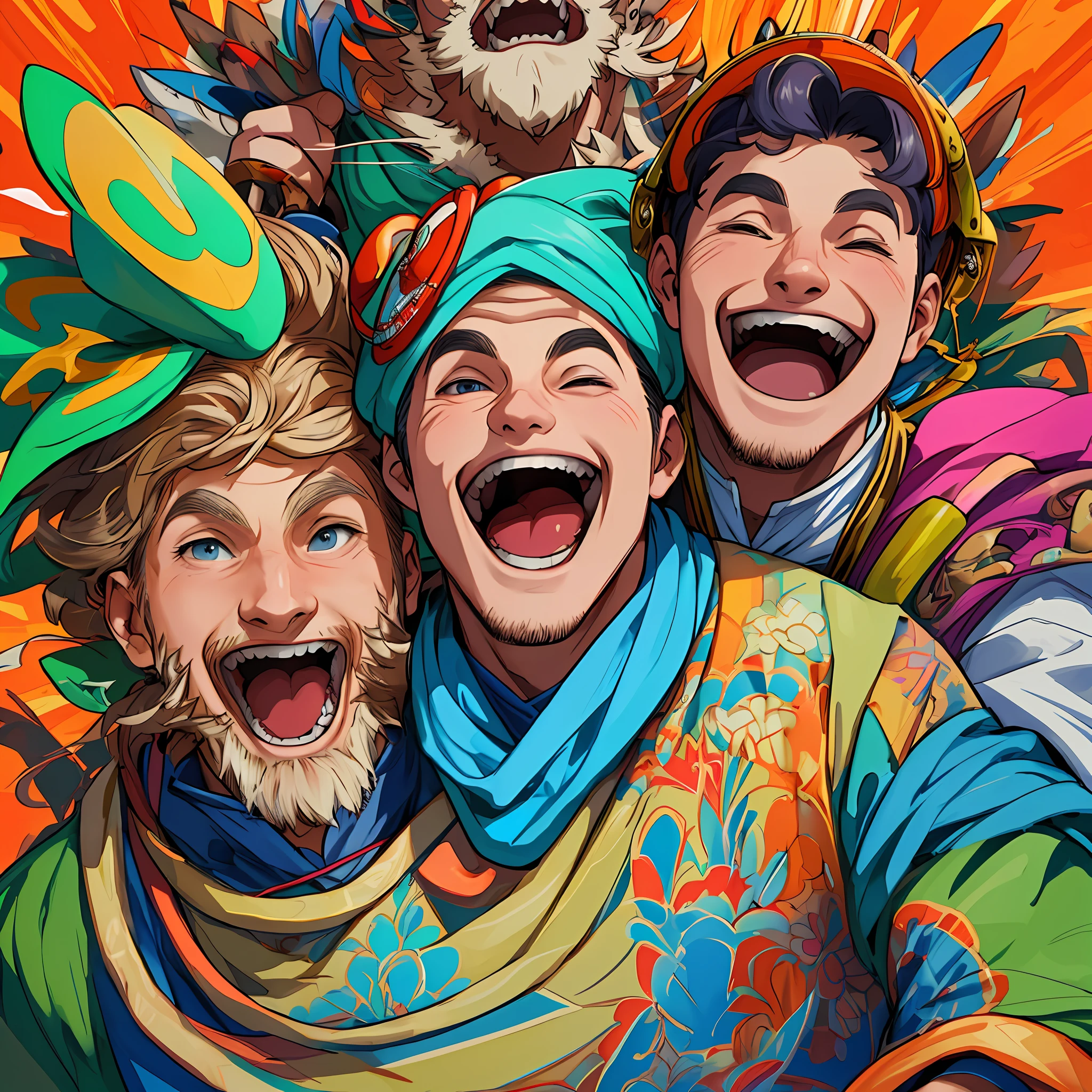 Man laughing like crazy, strange clothes, different appearance, 8k quality