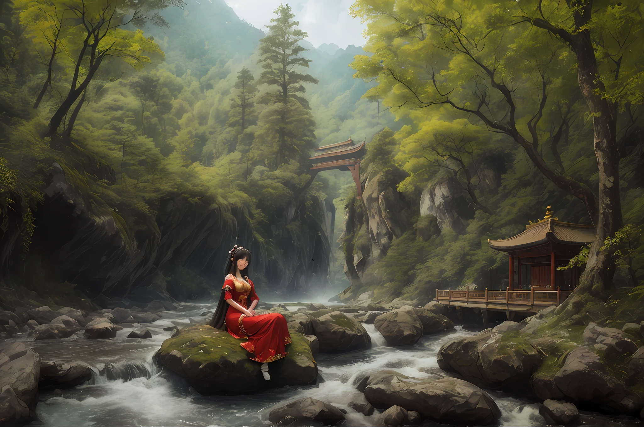 Generate an image of a beautiful girl sitting on a crumbling wall, surrounded by tall pine trees and a river flowing nearby, with misty mountains and lush greenery in the background. The fairy is wearing a red traditional Chinese dress and smiling at the camera, her face illuminated by the morning sunlight filtering through the trees.
(Chinese-style architecture),(Chinese architecture),(raw photo:1.2), (photorealistic:1.4), absurdres, incredibly absurdres, huge filesize , ultra-detailed, highres, extremely detailed,best quality ,masterpiece, illustration, an extremely delicate and beautiful, extremely detailed ,CG ,unity ,8k wallpaper, Amazing, finely detail, masterpiece,best quality, pureerosface_v1,ulzzang-6500-v1.1,