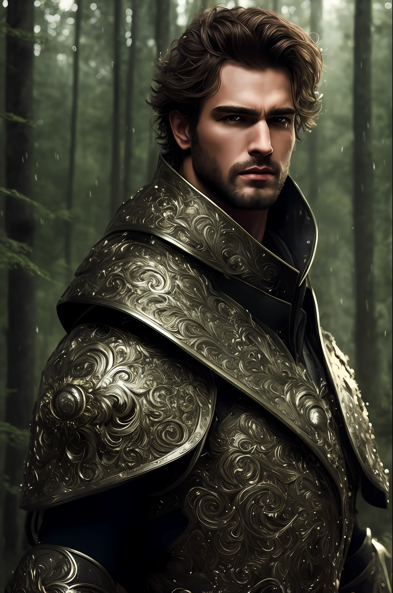 ultra detailed 8k cg, perfect face, insanely handsome face, mature male, armor, revealing clothes, spotlight, looking at viewer, hyperrealistic, masculine power, sassy look, elegant, forest background, rain, foggy, short messy hair