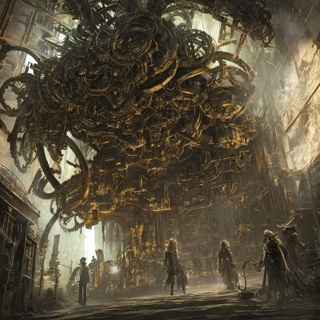 Create a hauntingly detailed mechanical horror with morphing, flowing, and living metal. Set in a dreadful atmosphere with dark illumination and the best shadow effects possible, bring to life a body made of sharp blades, bright highlights,