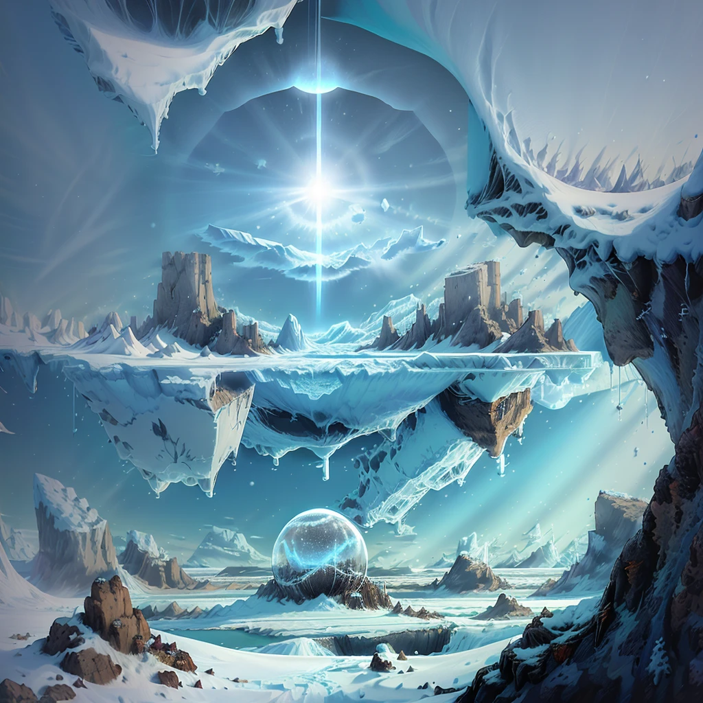 Ant habitat with poisonous air surrounded by transparent barriers, nests are made of snow and have a hemispherical dome shape when looking down from the sky, sunlight shines inside from a partially collapsed snow wall and small icebergs can be seen, icebergs are overgrown with plants and there is also a beautiful water source, but outside the nest is a flat land covered with glaciers and no plants grow, the wind is blowing and snow is flying, The nest looks small because it is seen from a distance, there is a shadow where the sun is not shining, a blue sky, (and something can be seen from the ground at the end of the nest)