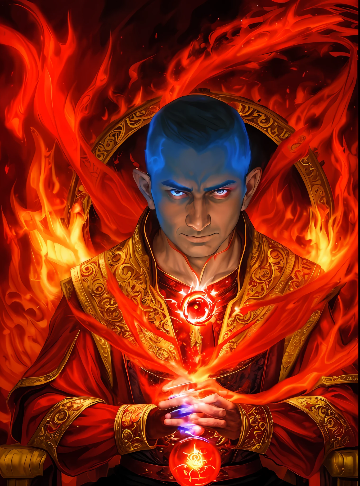 a man in a red and gold outfit holding a blue fire ball, portrait of a mage, closeup portrait of an mage, an arcane wizard casting a spell, holy fire spell art, fantasy card game art, magic the gathering card art, magic : the gathering art, metabaron, magic the gathering art, magic the gathering art style, epic fantasy card game art