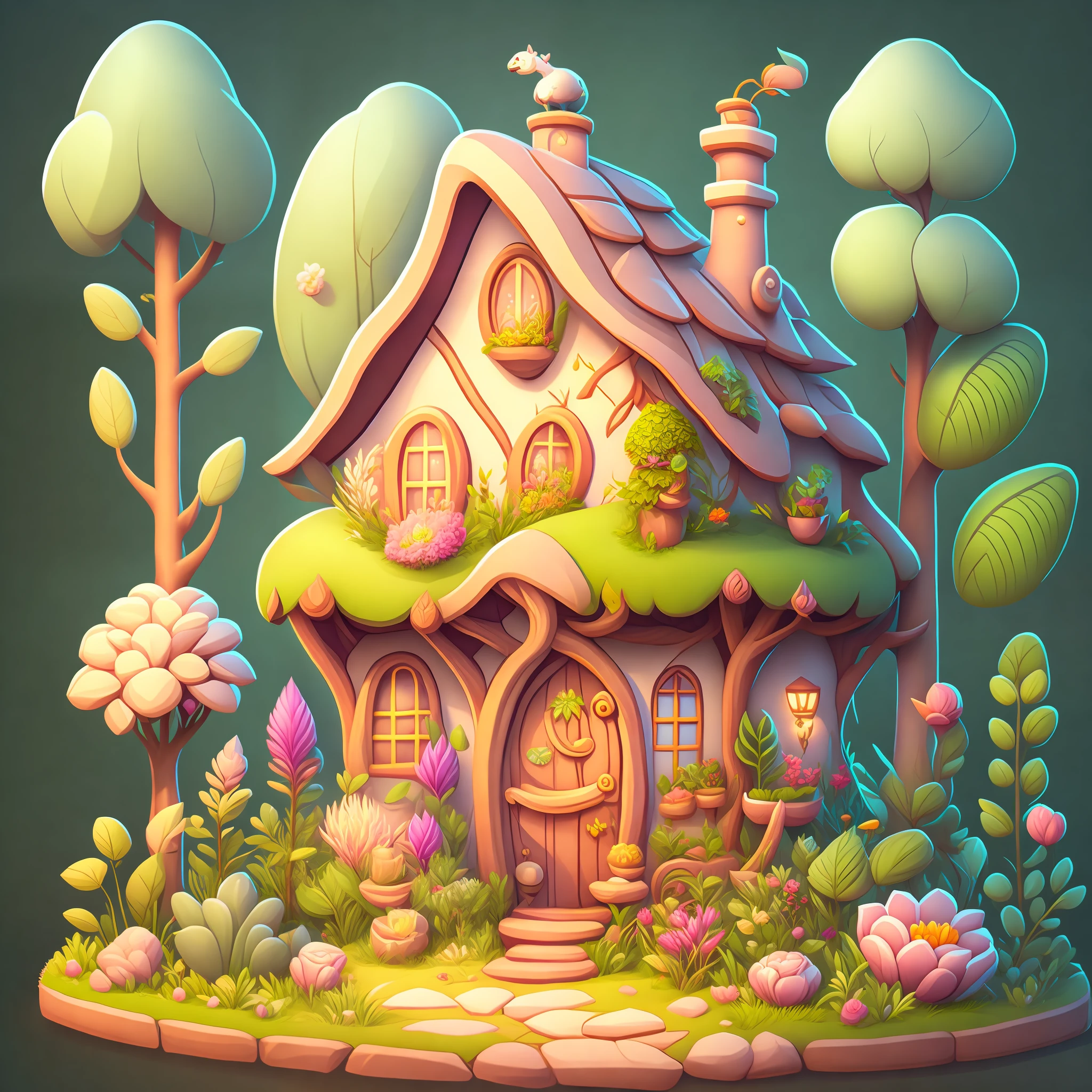 Cartoon-style house, flowers and plants, magical elements, mobile game, forest and plants, a touch of magical elements, outlines of animals.