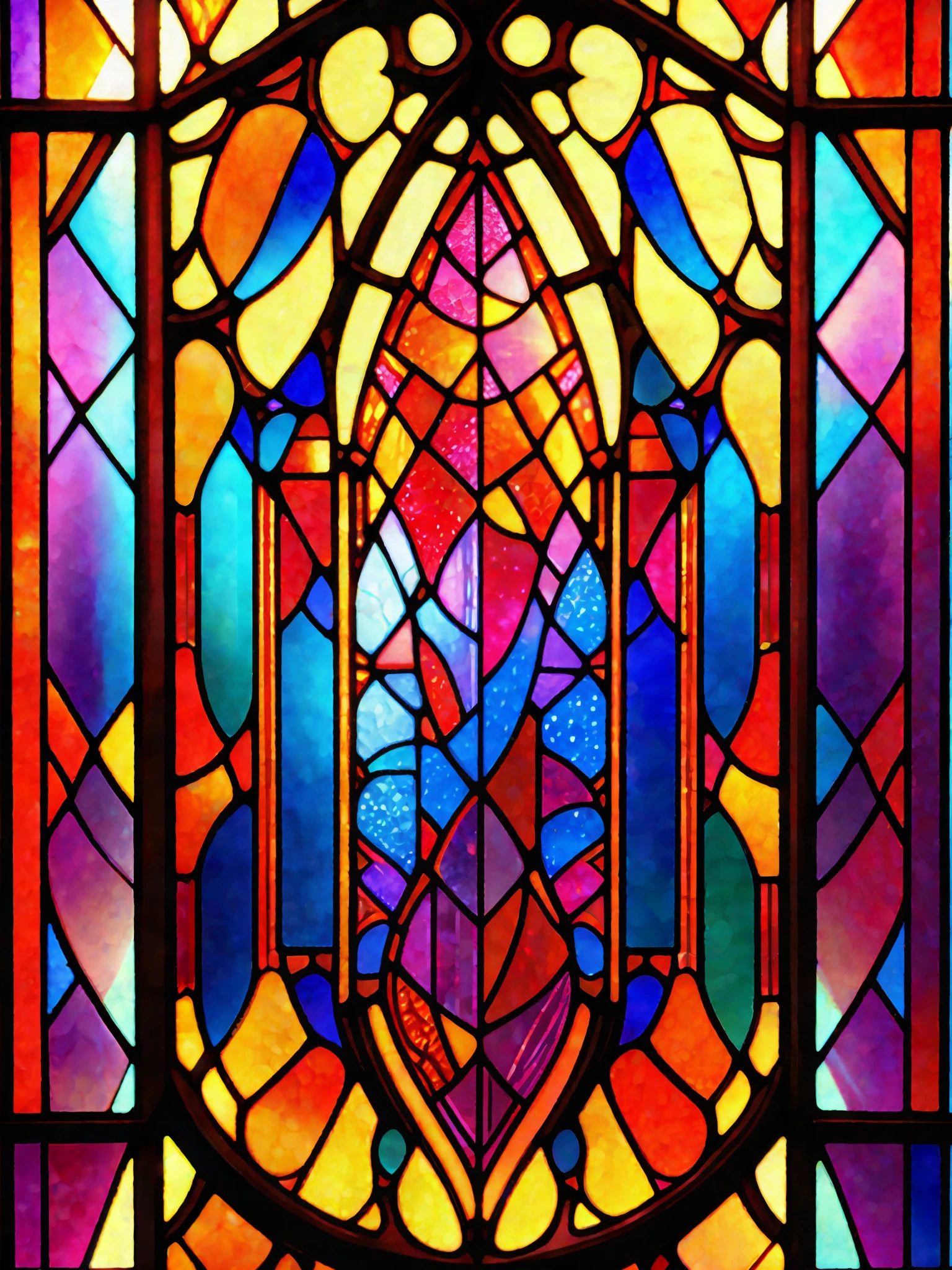 Stained glass window style, glass pattern is roaring flame, flame pattern glass window, bright color, clear details, breathtaking rendering, inspired by Kinuko Y. Craft, magical elements, bright flash, flash