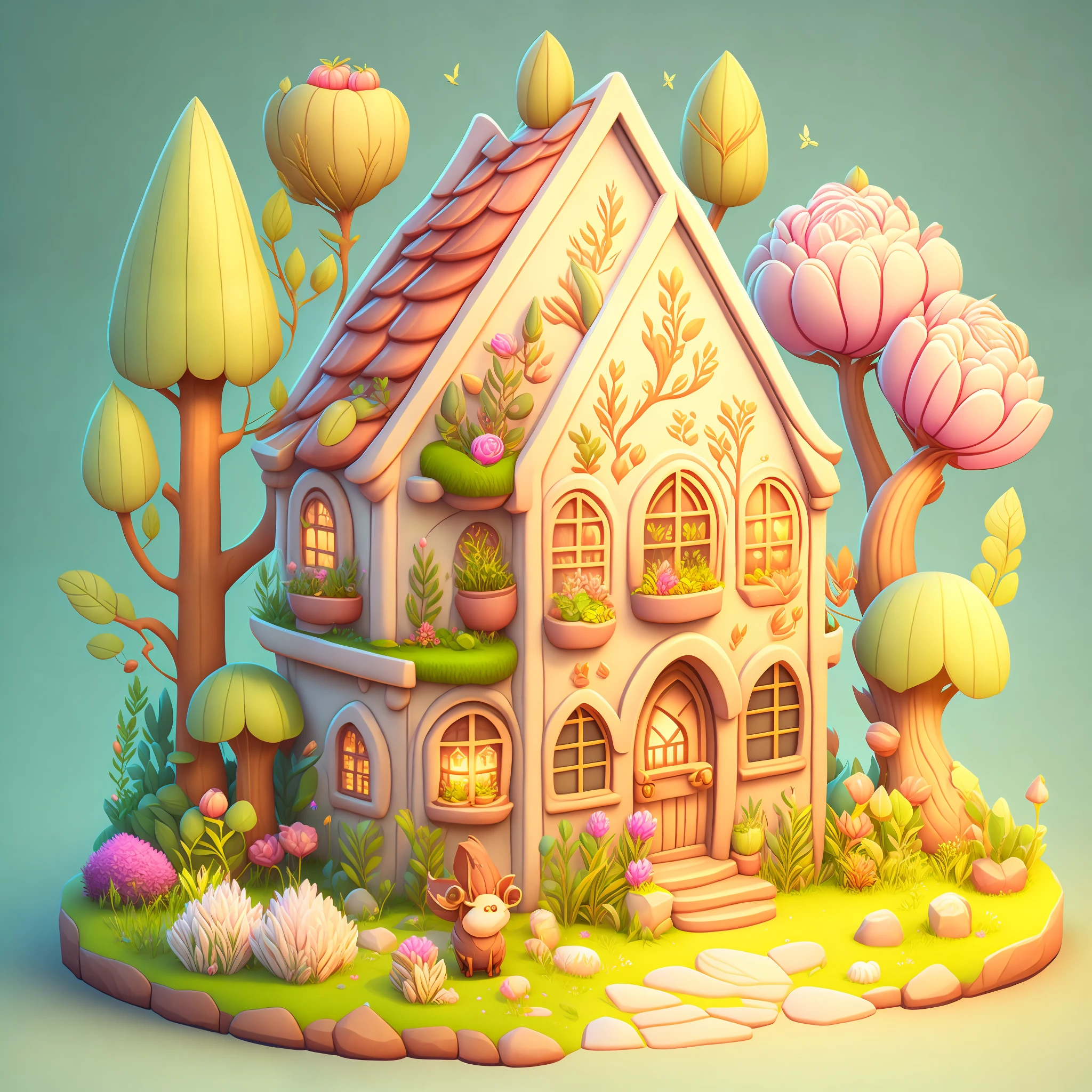 Cartoon-style house, flowers and plants, magical elements, mobile game, forest and plants, a touch of magical elements, outlines of animals.