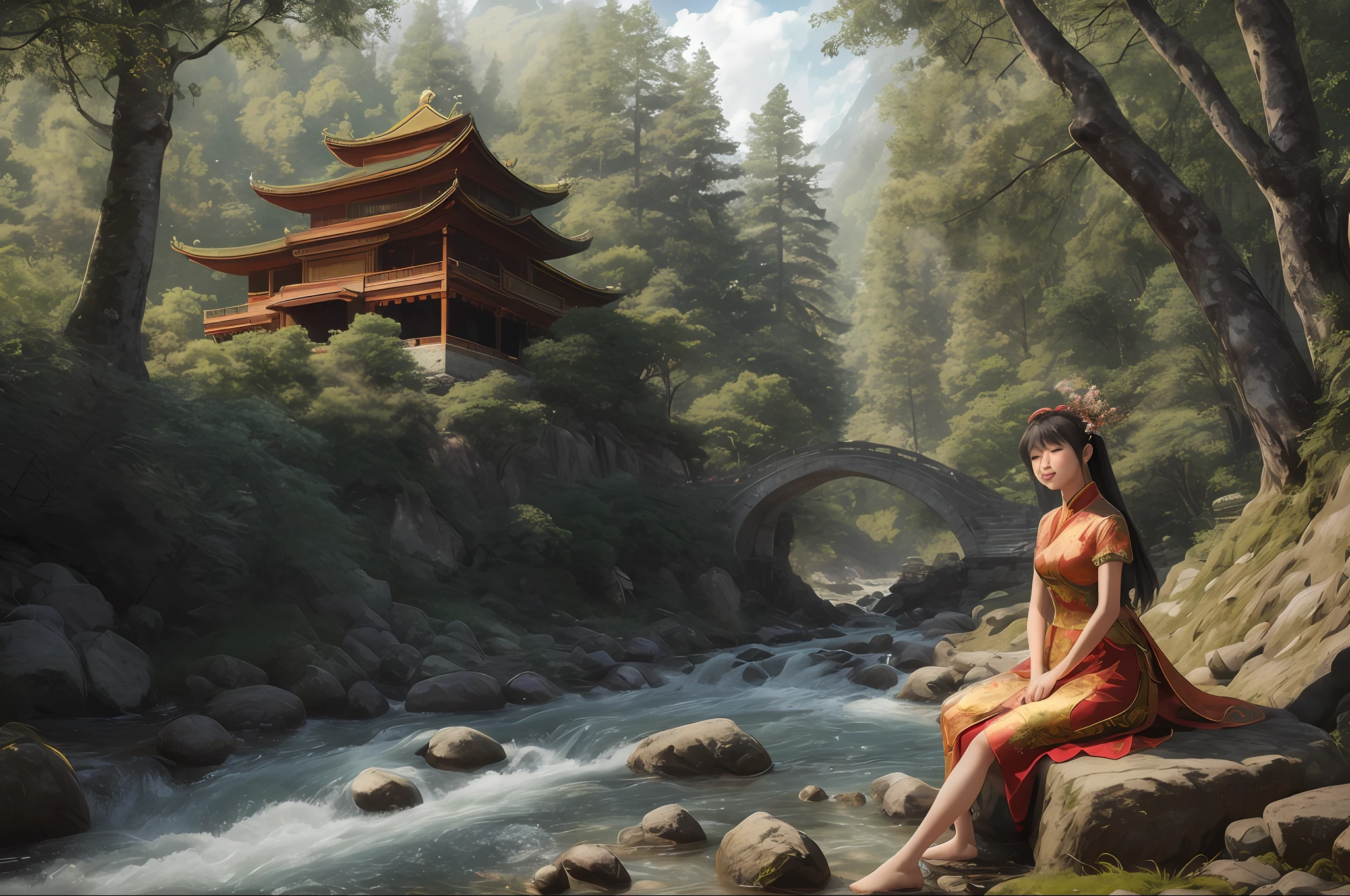 Generate an image of a beautiful girl sitting on a crumbling wall, surrounded by tall pine trees and a river flowing nearby, with misty mountains and lush greenery in the background. The fairy is wearing a red traditional Chinese dress and smiling at the camera, her face illuminated by the morning sunlight filtering through the trees.
(Chinese-style architecture),(Chinese architecture),(raw photo:1.2), (photorealistic:1.4), absurdres, incredibly absurdres, huge filesize , ultra-detailed, highres, extremely detailed,best quality ,masterpiece, illustration, an extremely delicate and beautiful, extremely detailed ,CG ,unity ,8k wallpaper, Amazing, finely detail, masterpiece,best quality, pureerosface_v1,ulzzang-6500-v1.1,