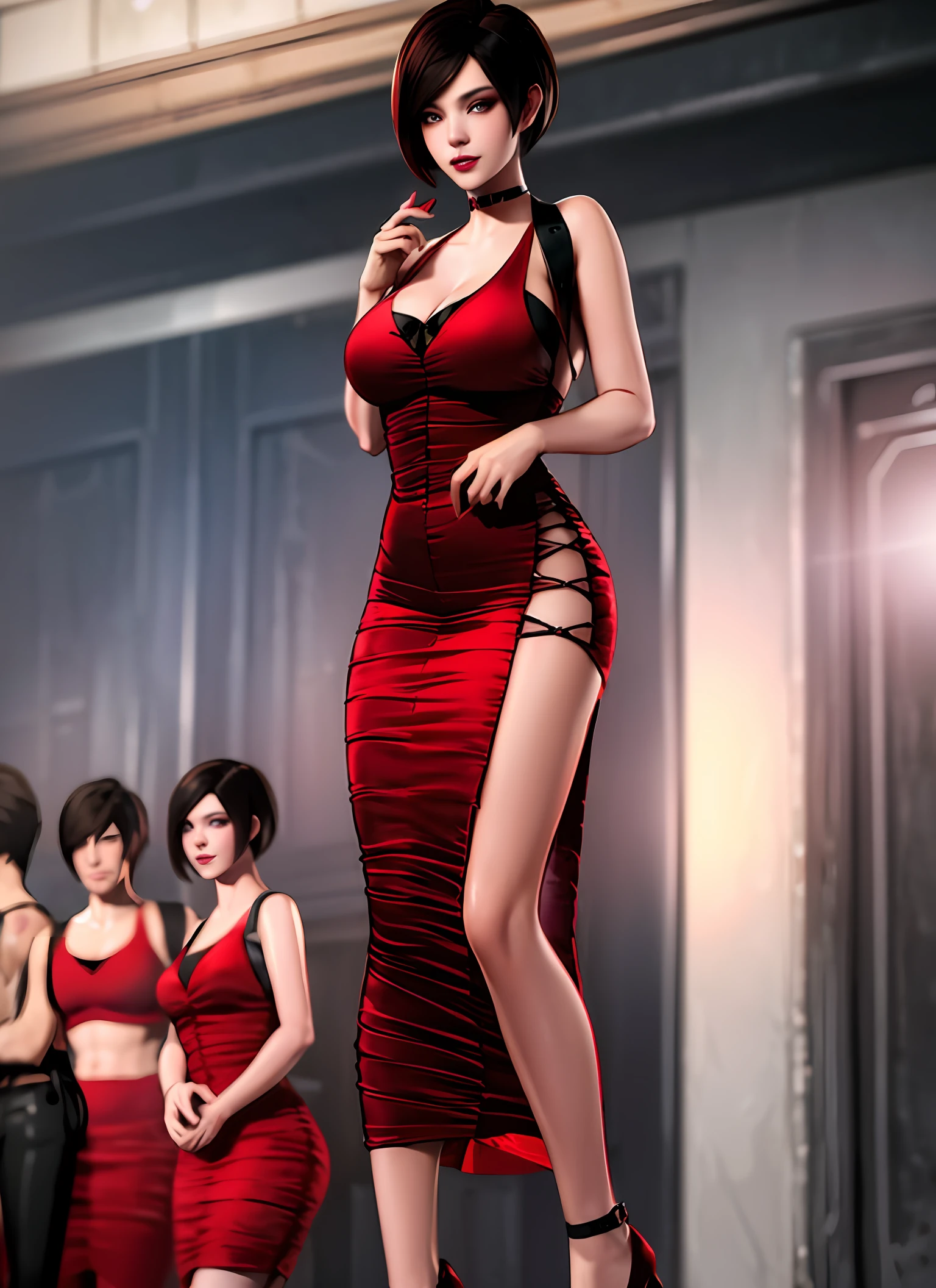 Photo of model Barbara Palvin, wearing red dress of Resident Evil character Ada Wong