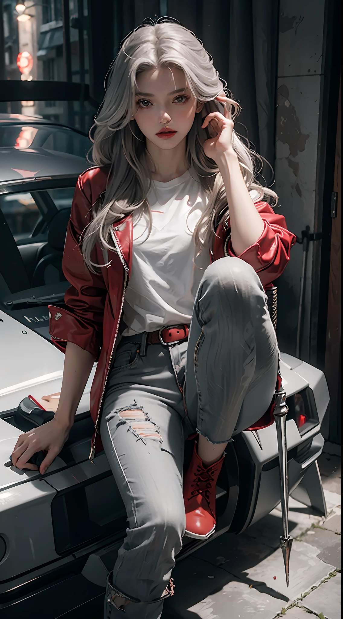 (Masterpiece), (best quality), (8k resolution), (1 beautiful girl), ((pale gray skin)), (iron gray skin), ((jeans clothes)),(red jacket)), ((white t-shirt)), ((red lips)), ((brown boots without high heels)), (comcept art), small chest, (long hair), (messy hair), (white hair), (iron gray hair), ((with futuristic weapon)), (ammunition), ((moonlight of the night)), ( sitting admiring the view))