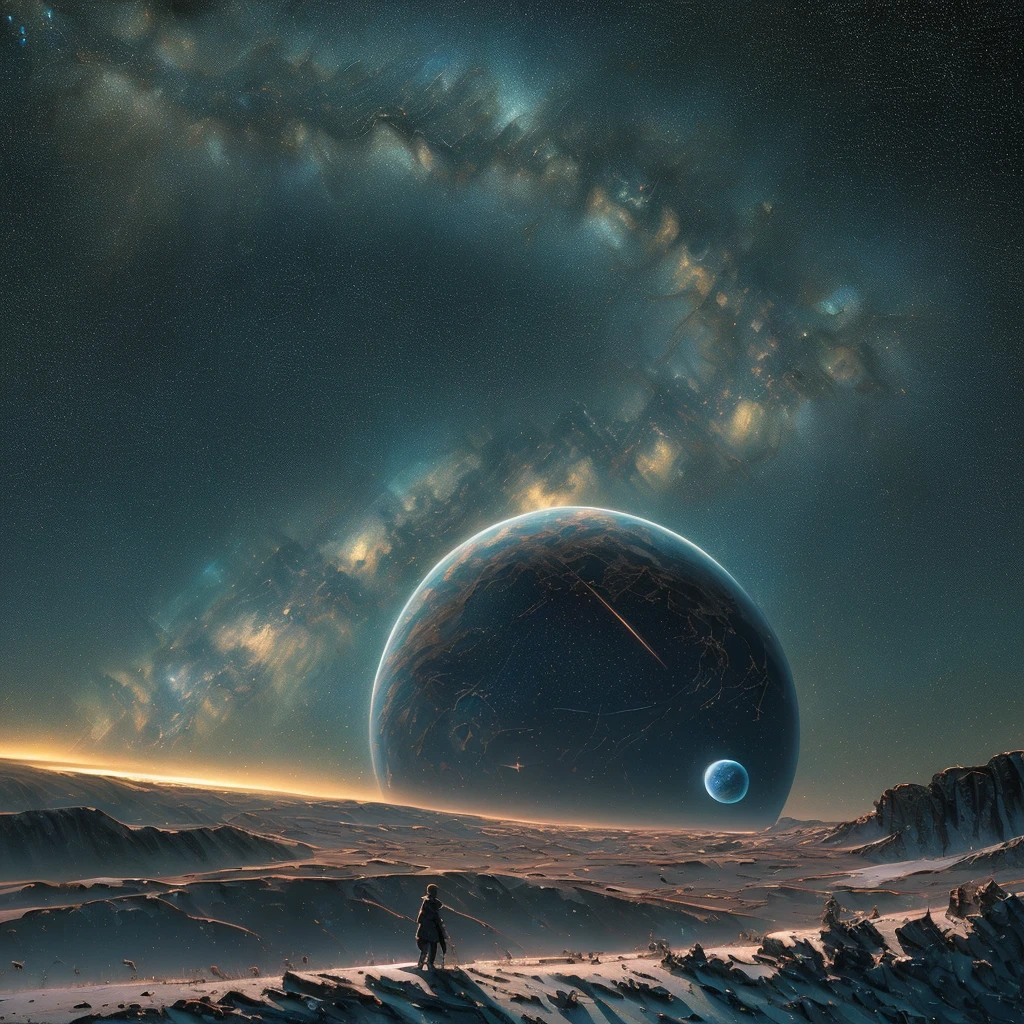 ((Masterpiece)), (Ultra HD, RAW, 8K, Wallpaper), (Vast and magnificent starry sky), (Subtle planetary details), (Show the small presence of human beings)
