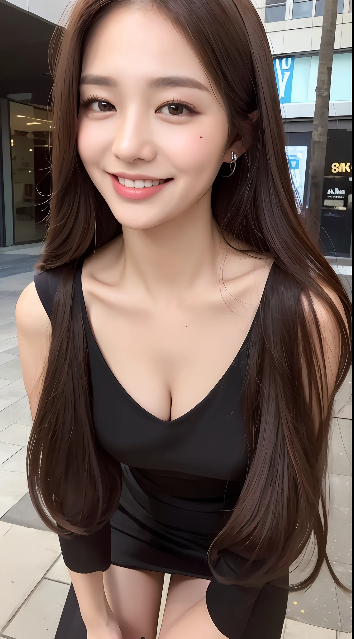 ((Best quality, 8k, Masterpiece :1.3)), 1girl, smiling, full body, slim face, Pretty woman, (Dark brown hair), full length dress :1.1, Ultra-detailed face, Detailed eyes, Double eyelid,  blur background, slim face, city, outside, street,