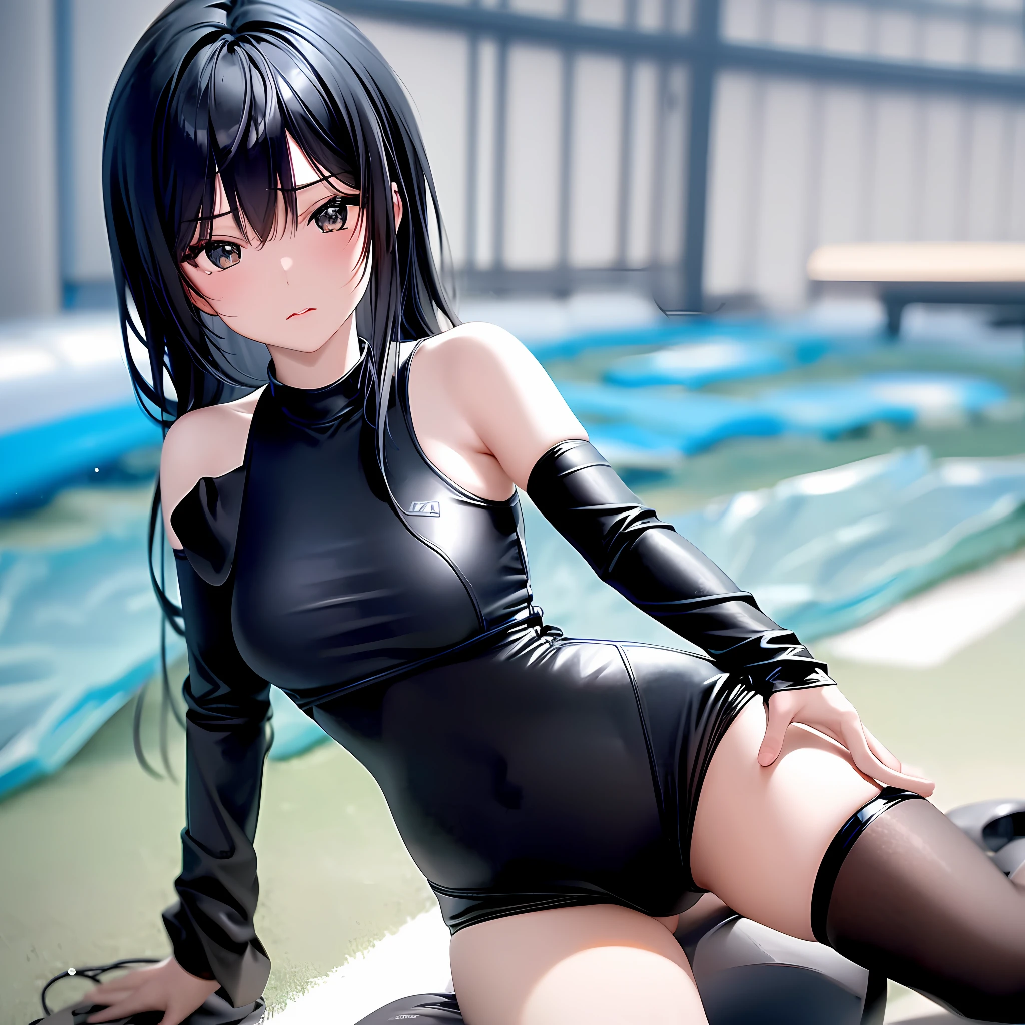 There is a li posing in a black wetsuit posing for a photo, ray traced images inspired by Ayaki Kojima, Tumblr, Shin Changa, in a swimsuit, wet swimsuit, swimsuit, black swimsuit, in a leather swimsuit in a leather swimsuit, in a tights, in a black tights, in a tight black tights, a sparkling swimsuit, flat chest