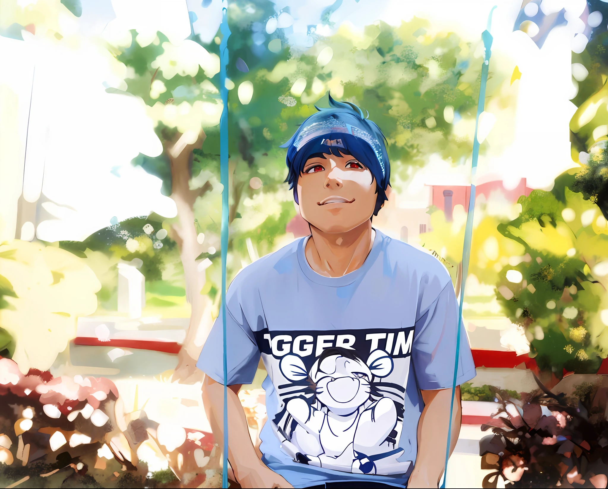 beautiful, (masterpiece:1.2), (best quality:1.2), (masterpiece),(best quality:1.0), (ultra highres:1.0), detailed illustration, 8k, 1boy, anime boy, wearing eed t-shirt, smiling, detailed face, perfect face, anime eyes, detailed eyes, dark red eyes, highlights in eyes, detailed hair, black hair, highlights in hair, day time, highly detailed, anime style, vibrant, red theme