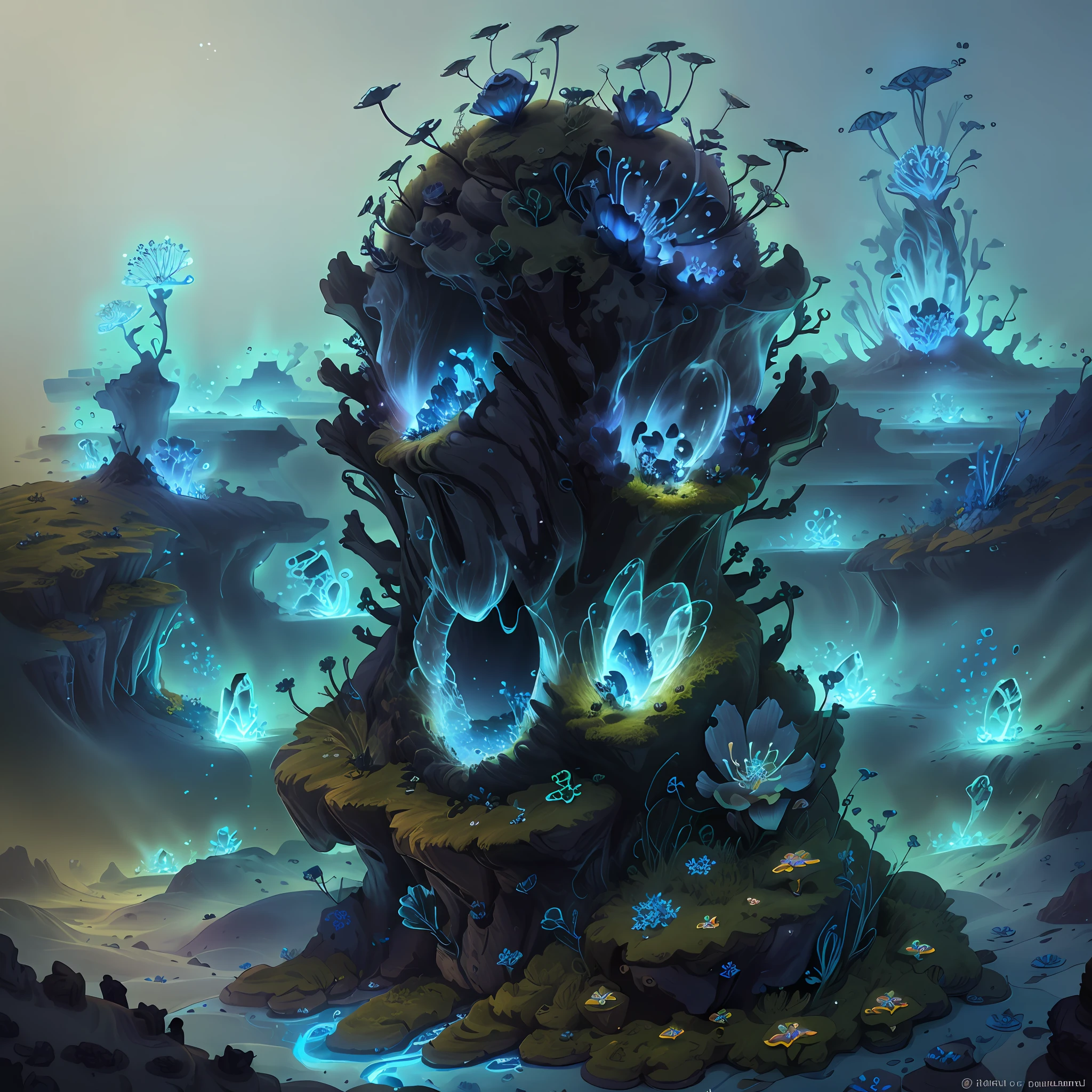 Cute anthill with moss and cute glowing ants sitting on top, made of sand, blue higan flowers blooming, transparent fog, view from the sky, fantasy, art