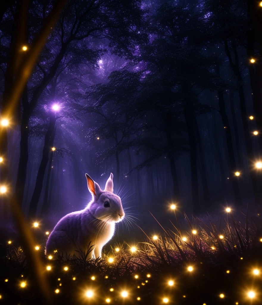 close up photo of a rabbit in an enchanted forest, nighttime, fireflies, volumetric fog, halation, bloom, dramatic atmosphere, centred, rule of thirds, 200mm 1.4f macro shot