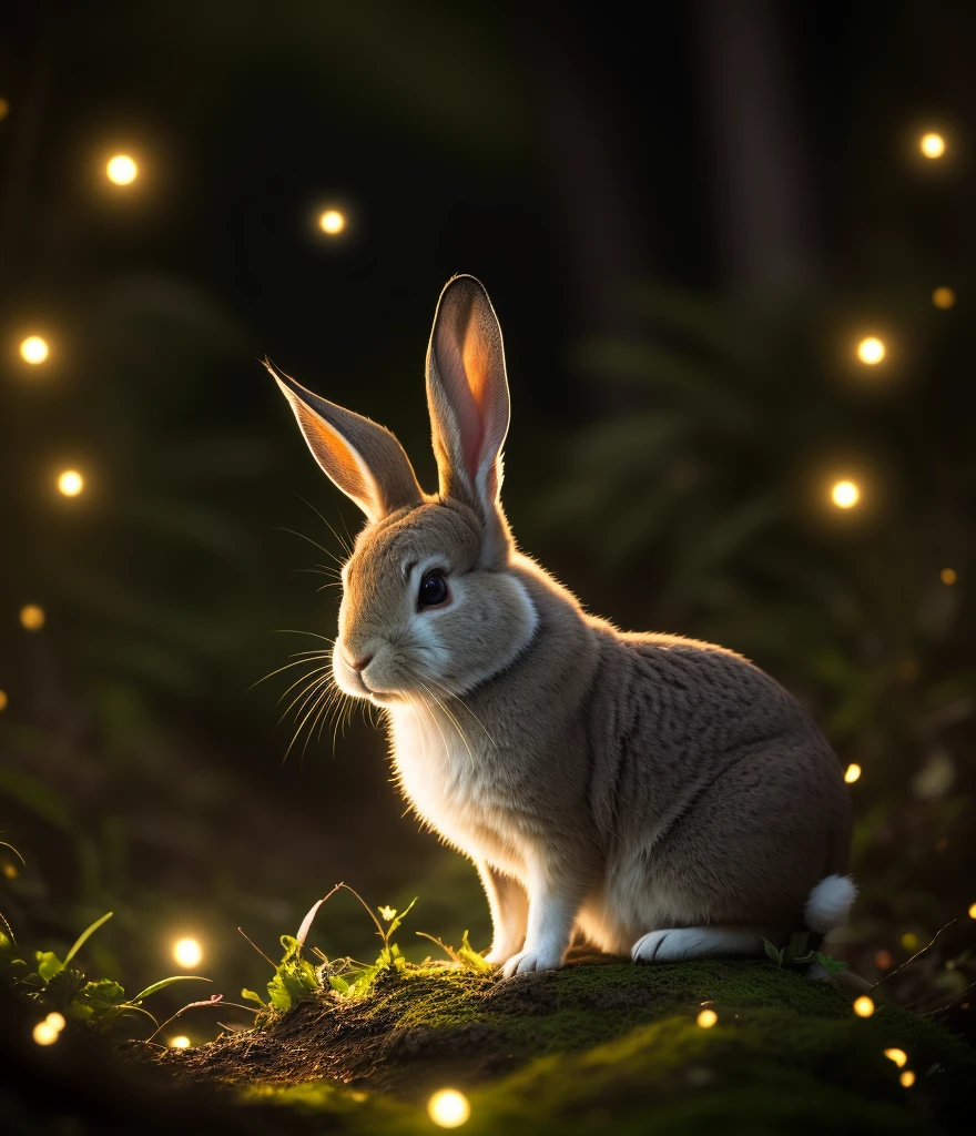 close up photo of a rabbit in an enchanted forest, nighttime, fireflies, volumetric fog, halation, bloom, dramatic atmosphere, centred, rule of thirds, 200mm 1.4f macro shot