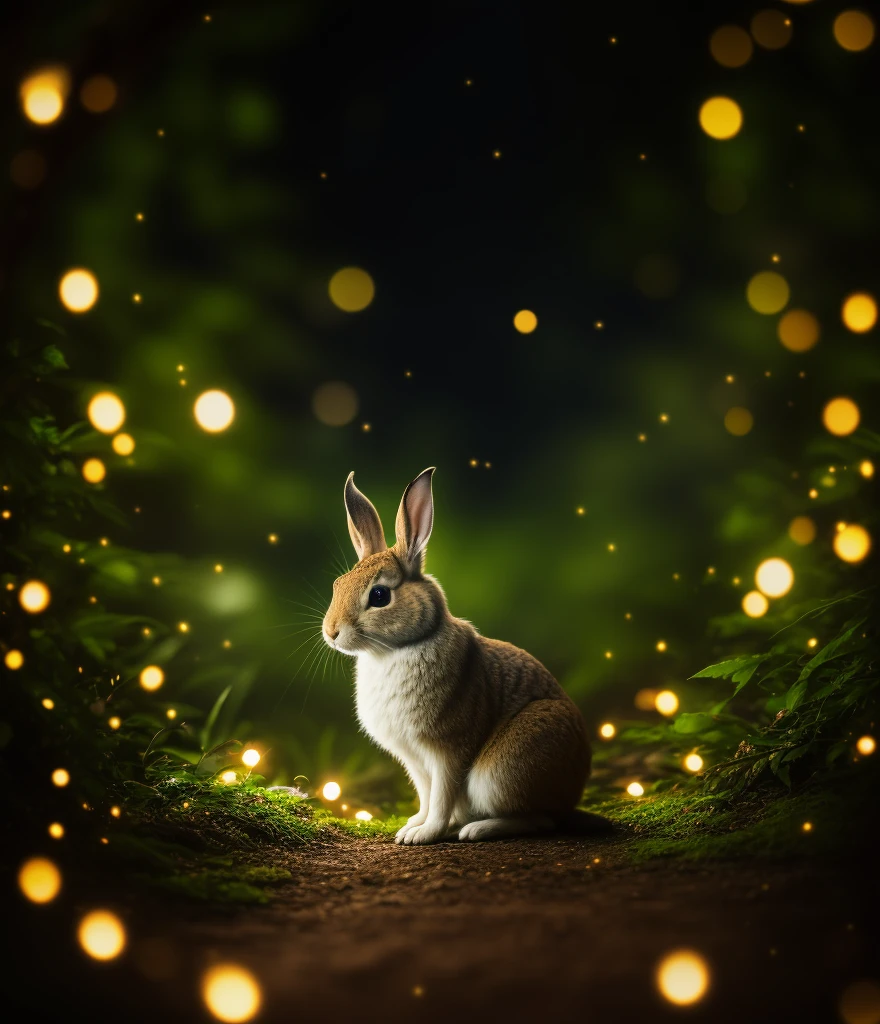 close up photo of a rabbit in an enchanted forest, nighttime, fireflies, volumetric fog, halation, bloom, dramatic atmosphere, centred, rule of thirds, 200mm 1.4f macro shot