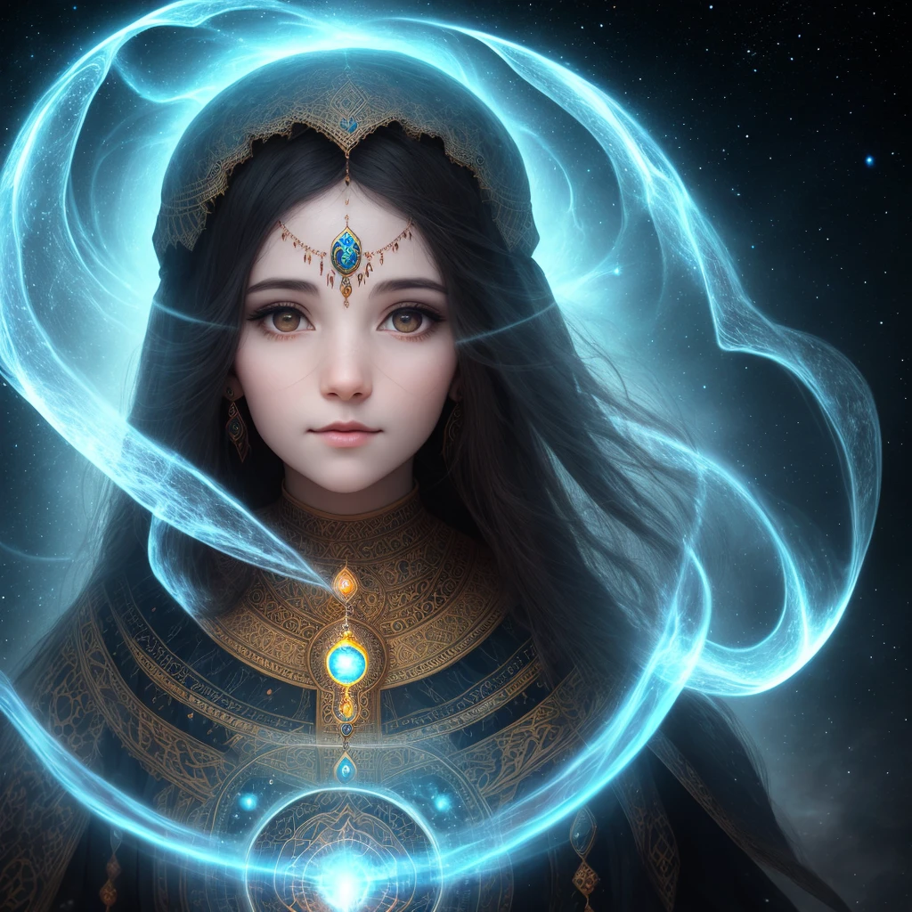 Portrait photo of a woman, arabic, spirit guide spiritual, hollow earth, background space nature,