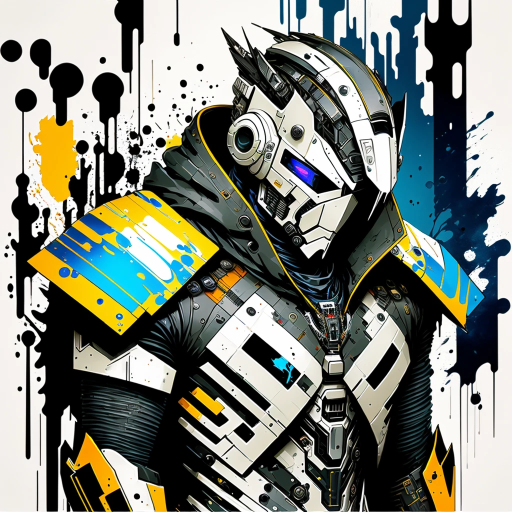 a mixed media artwork of a (stylish:1.4) cyborg android male, handsome, sci-fi robot armor, artistic splashes of bold paint on canvas and armor, dripping paint, ink, pencil shading, (field of view:1.3), avatar picture, (artistic composition:1.4),masterpiece,cityscape-like paint splashes on canvas