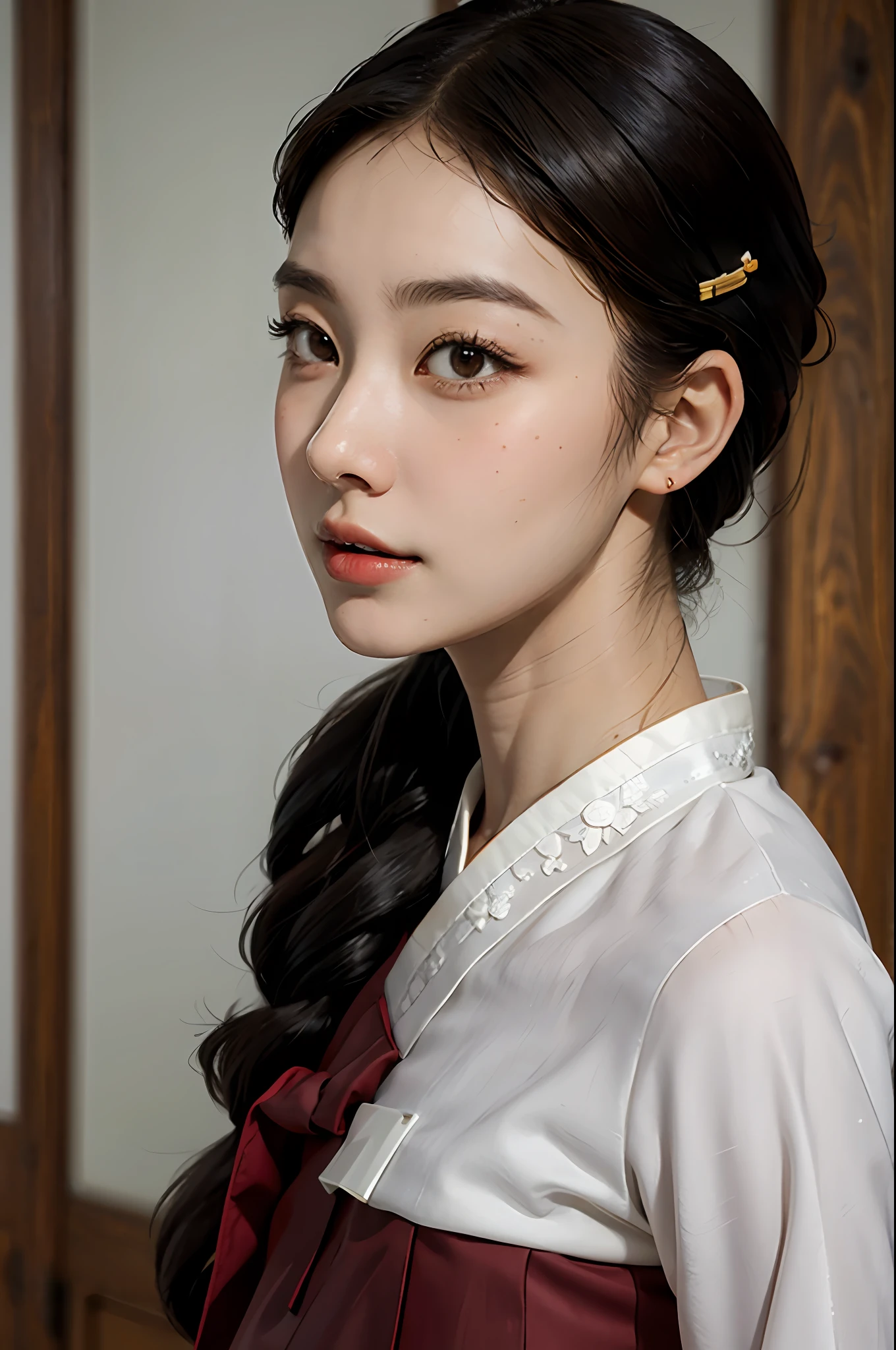 1woman, 38 years old, deep eyes, (black eyes: 1.2), {eyelash removal}, detailed shoulder hair, (dark brown hair:1.1), (very realistic:1.2), (close-up photo:0.8), (complex:1.2), (looking at camera:1.2), (white hanbok: 0.8), smile, realistic face, perfectly proportioned face, natural makeup, sharp focus, wooden door background, hairpin, side view, looking at the viewer,