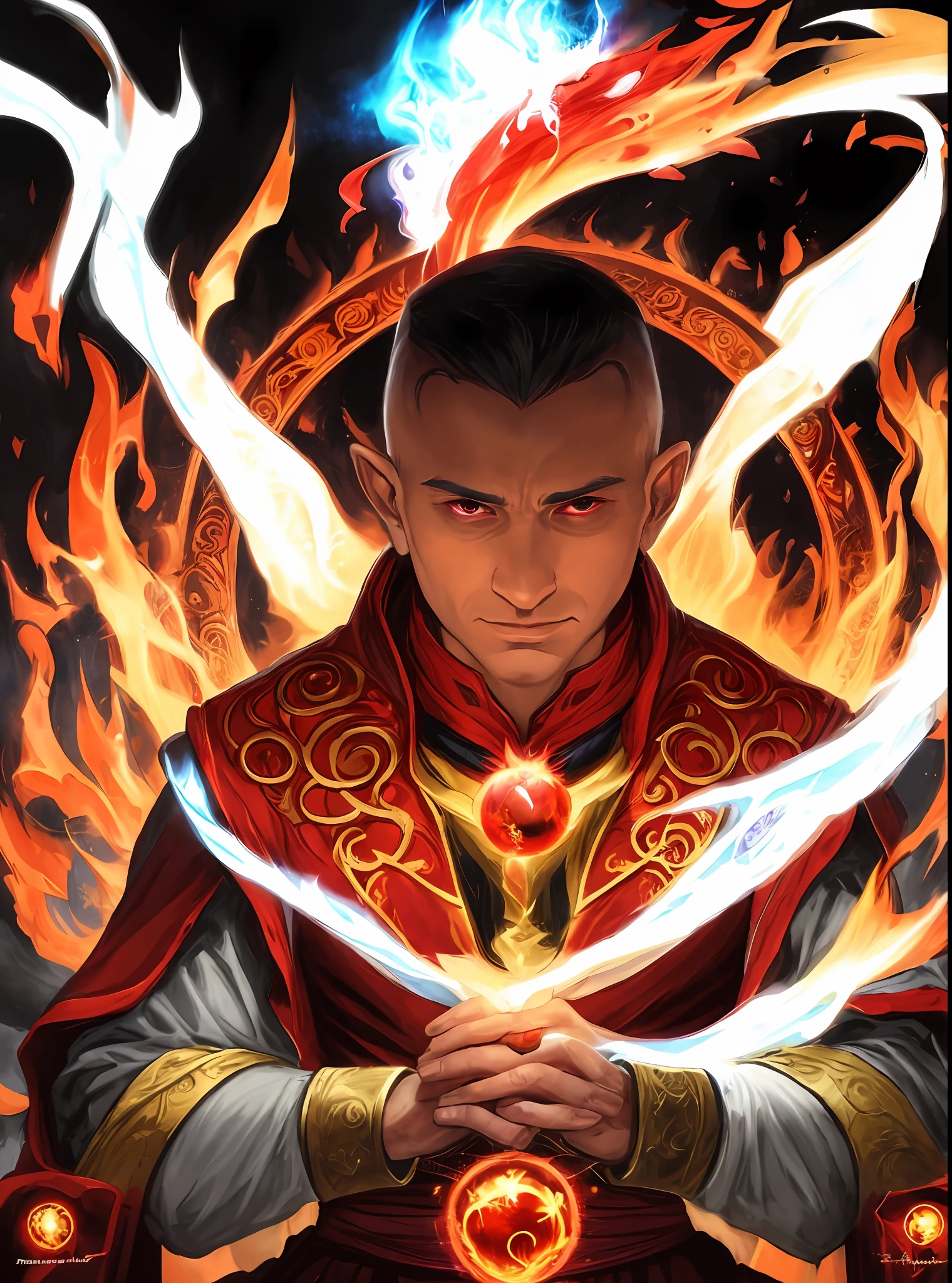 a man in a red and gold outfit holding a blue fire ball, portrait of a mage, closeup portrait of an mage, an arcane wizard casting a spell, holy fire spell art, magic the gathering card art, fantasy card game art, magic : the gathering art, metabaron, magic the gathering art, magic the gathering art style, epic fantasy card game art