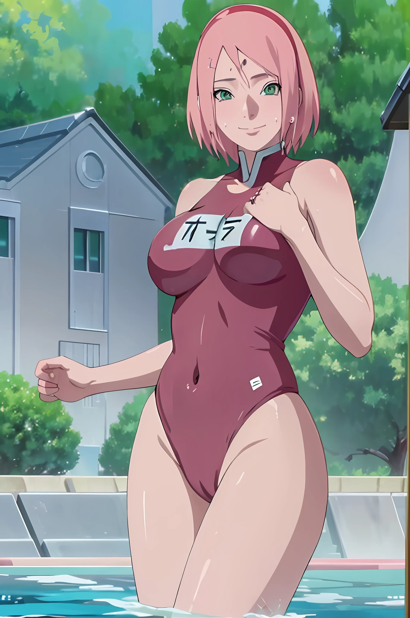 ((masterpiece:1.2)), best quality, haruno sakura, pretty face, large_breasts, (school swimsuit:1.2), cowboy_shot, looking_at_viewer, smile, standing in pool, water, anime screencap, sweaty body, perfect face