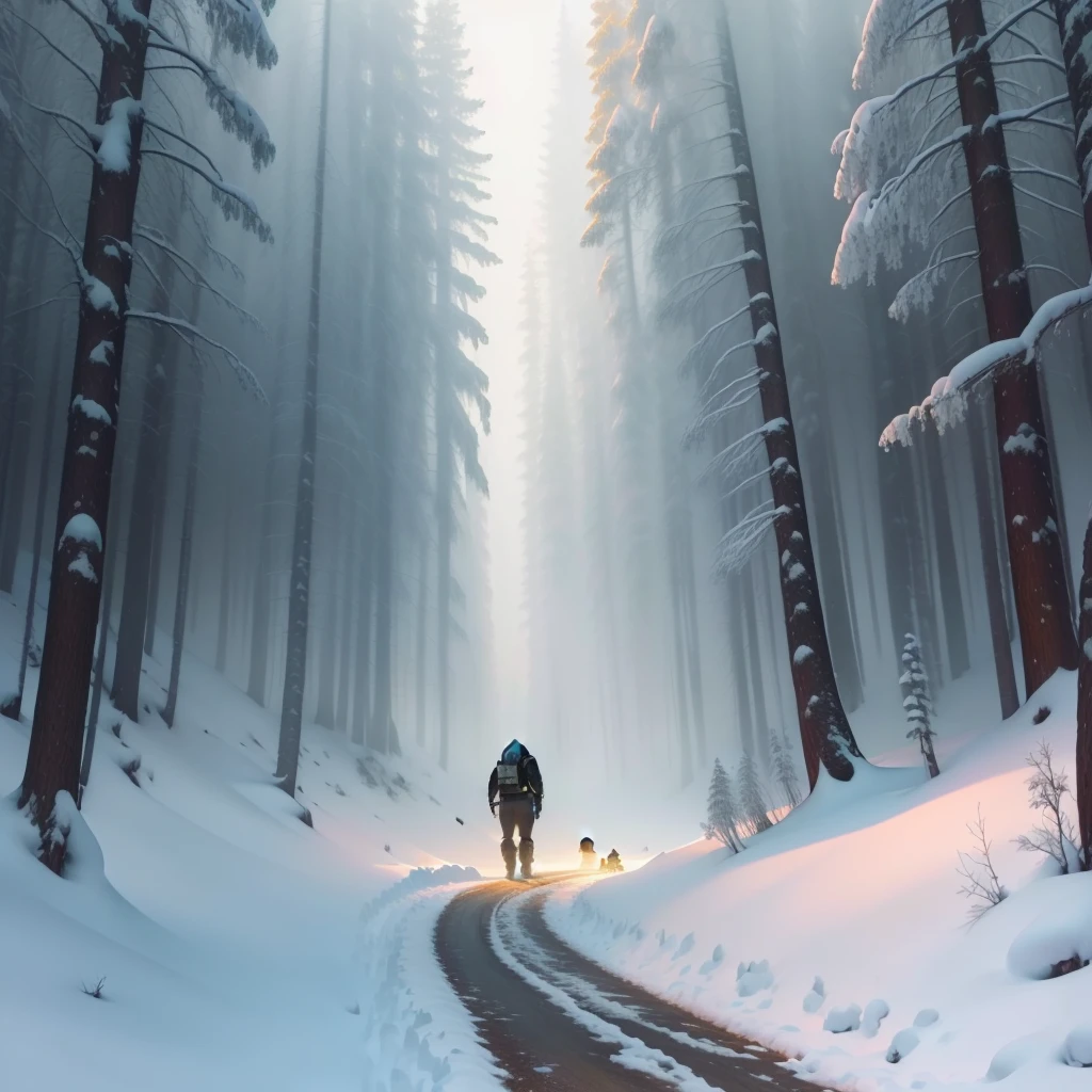 Winter, forest, heavy snow, road, motorcycle, giant panda, sword, movie matte illustration