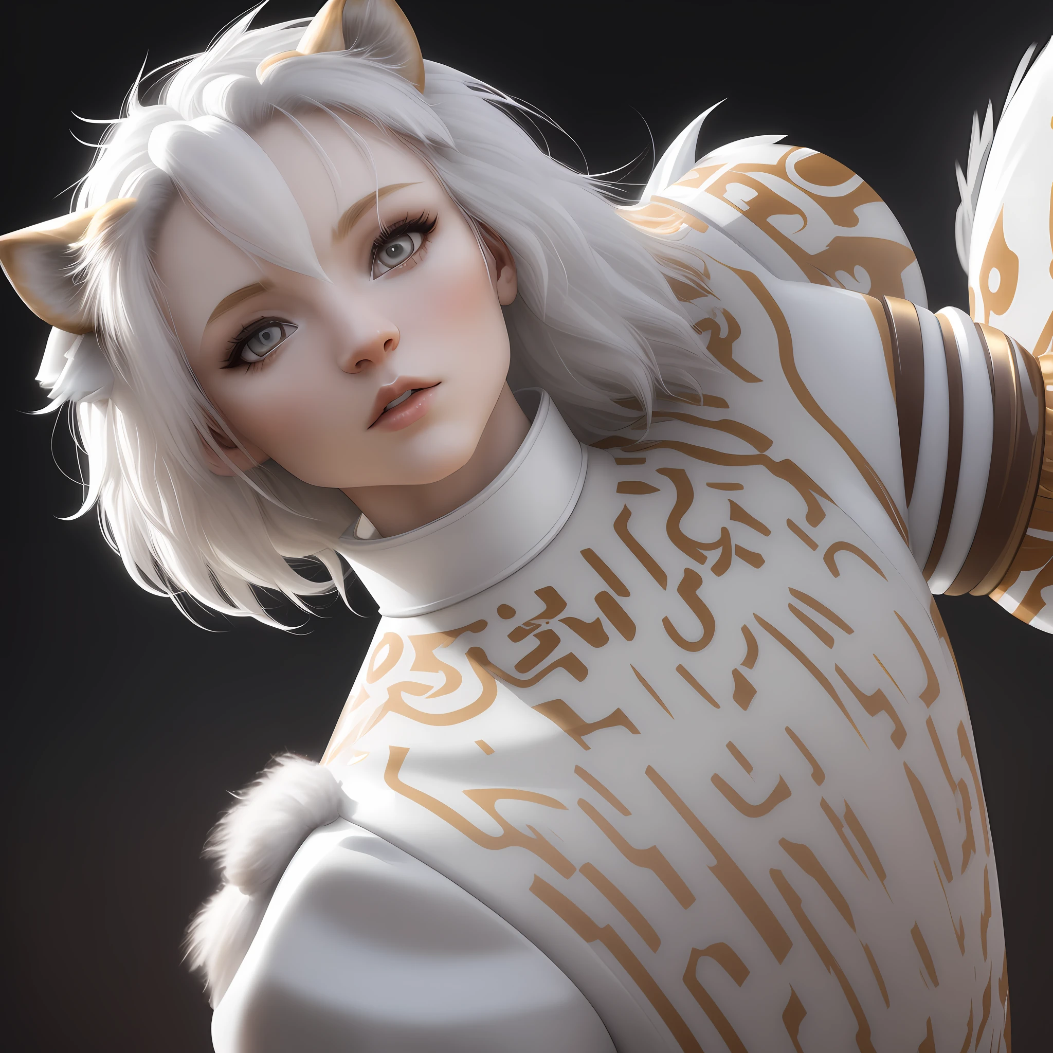 White Avatar, with latex style, 8k, film model with a brusa of lion skin colors on the head.