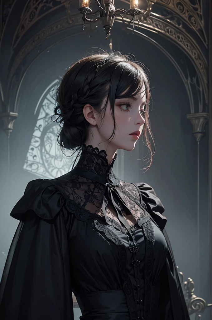 Official Art, Unity 8k wallpaper, super detailed, beautiful, beautiful, masterpiece, best quality,
darkness, atmosphere, mystery, romanticism, creepy, literature, art, fashion, victorian, decoration, intricacies, ironwork, lace, contemplation, emotional depth, supernatural,
1 girl, solo, neck, bust composition