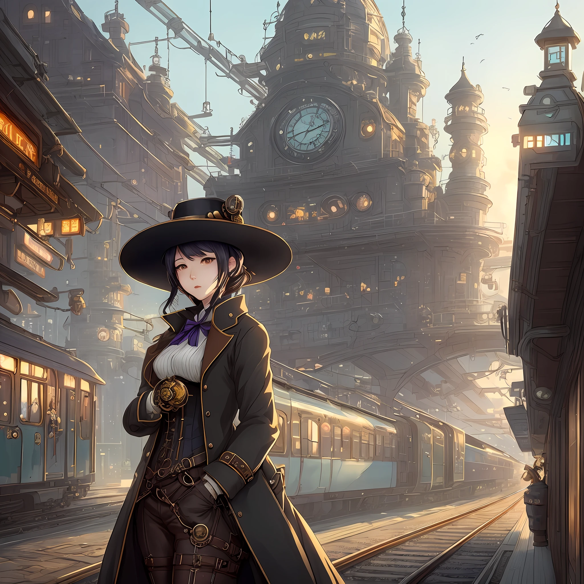 anime - style illustration of a woman in a hat and coat standing in front of a train station, a character portrait by Ni Yuanlu, cgsociety contest winner, fantasy art, steampunk beautiful anime woman, steampunk fantasy style, in steampunk cityscape, steampunk illustration, steampunk concept art, inspired victorian sci - fi, steampunk girl, steampunk world, lofi steampunk bioshock portrait