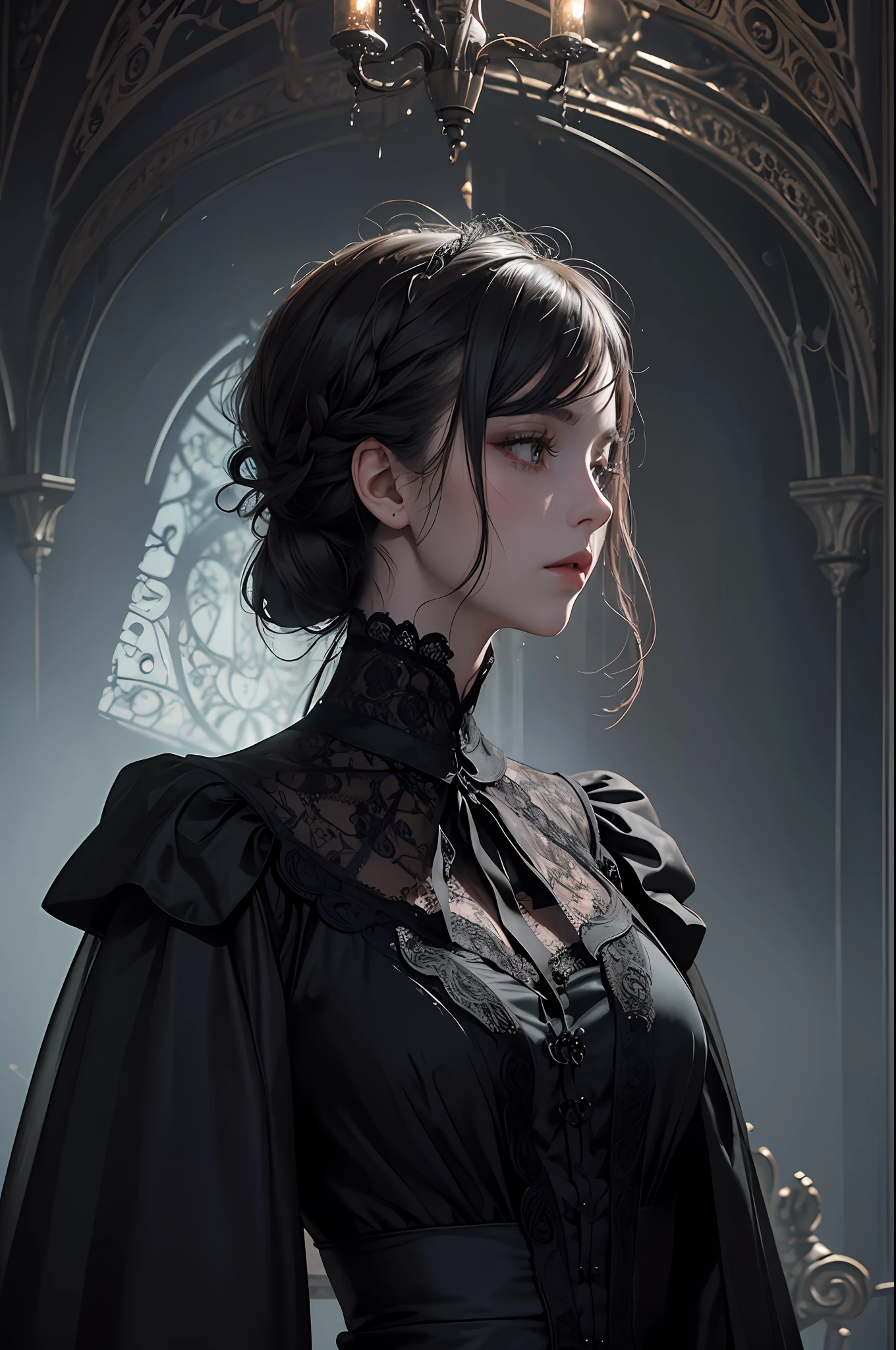 Official Art, Unity 8k wallpaper, super detailed, beautiful, beautiful, masterpiece, best quality,
darkness, atmosphere, mystery, romanticism, creepy, literature, art, fashion, victorian, decoration, intricacies, ironwork, lace, contemplation, emotional depth, supernatural,
1 girl, solo, neck, bust composition