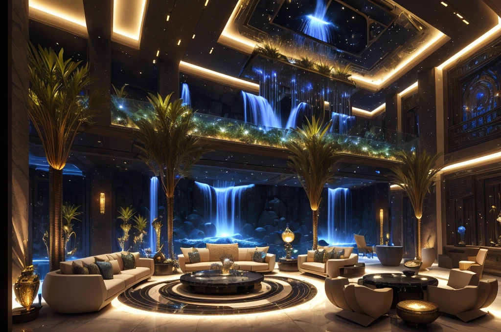incredible luxurious futuristic living room interior in Ancient Egyptian style with many lush plants (lotus flowers:1.5, palm trees:2, rocky walls, sand:1.5, waterfalls:1.1), marble, precious minerals: 2, metals, gemstones, crystals, clouds and (water:1.6), (futuristic luxury furniture), crocodiles, hieroglyphics:1.5, ultra luxury:2, black marble – with beautiful lights:1.5, Unreal Engine, HQ, 16k