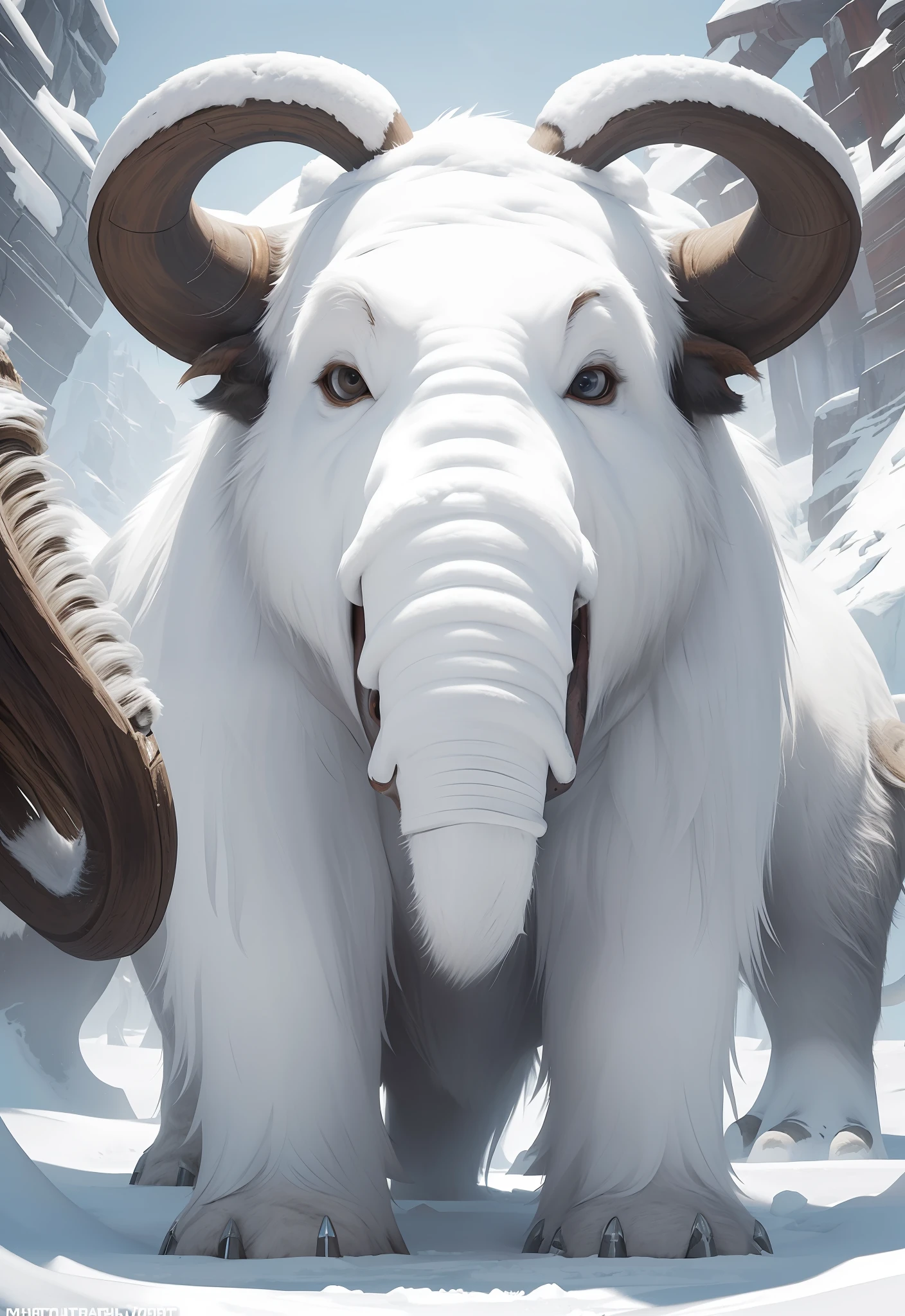 Masterpiece, 8k wallpaper, white furry monster with fangs ((mammoth)), full body portrait, in the polar region, white blizzard, glacier, mammoth, four legs, Hearthstone card art, Unreal Engine, Hearthstone art, realistic, detailed, ultra-detailed