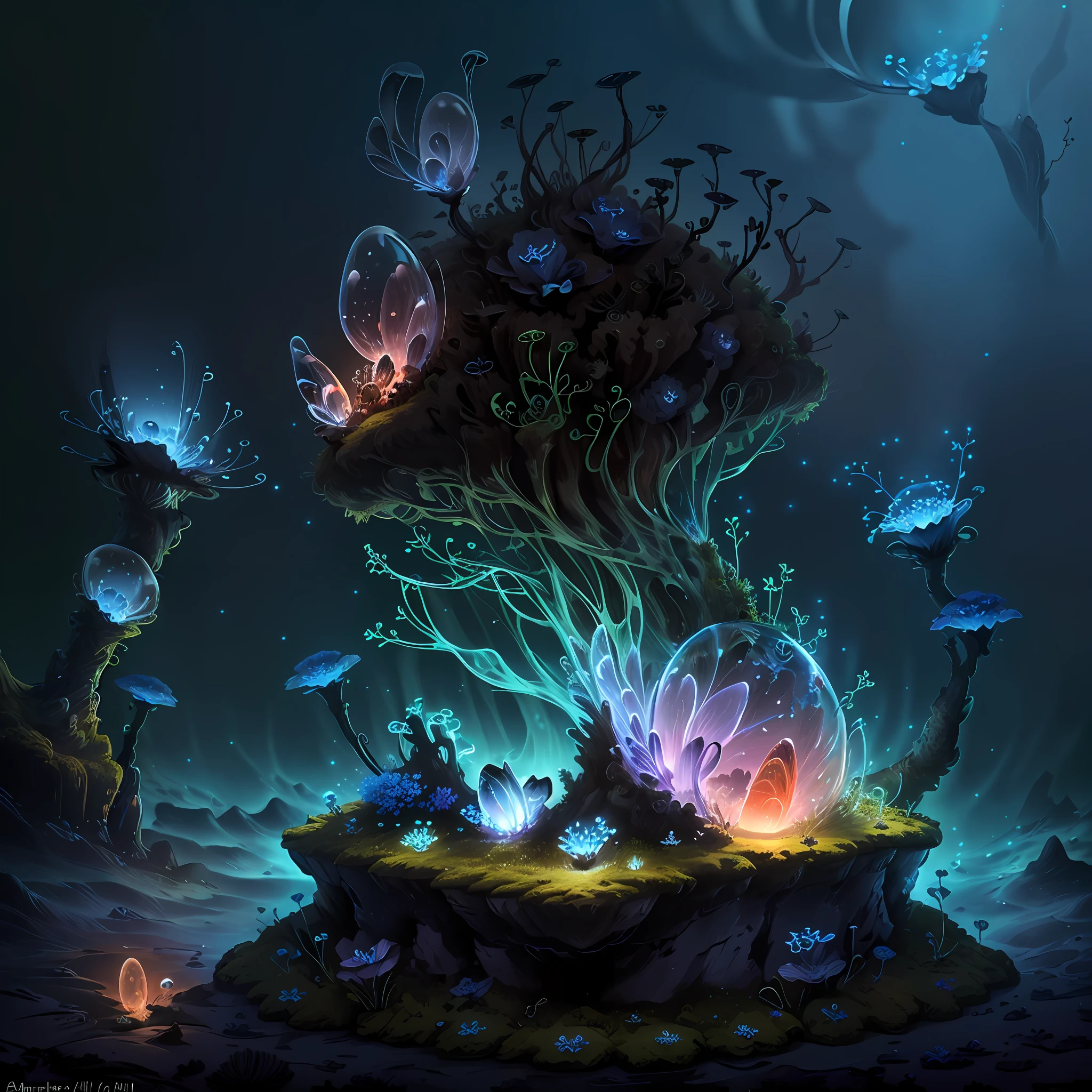 Cute anthill with moss and cute glowing ants sitting on top, made of sand, blue higan flowers blooming, transparent fog, view from the sky, fantasy, art