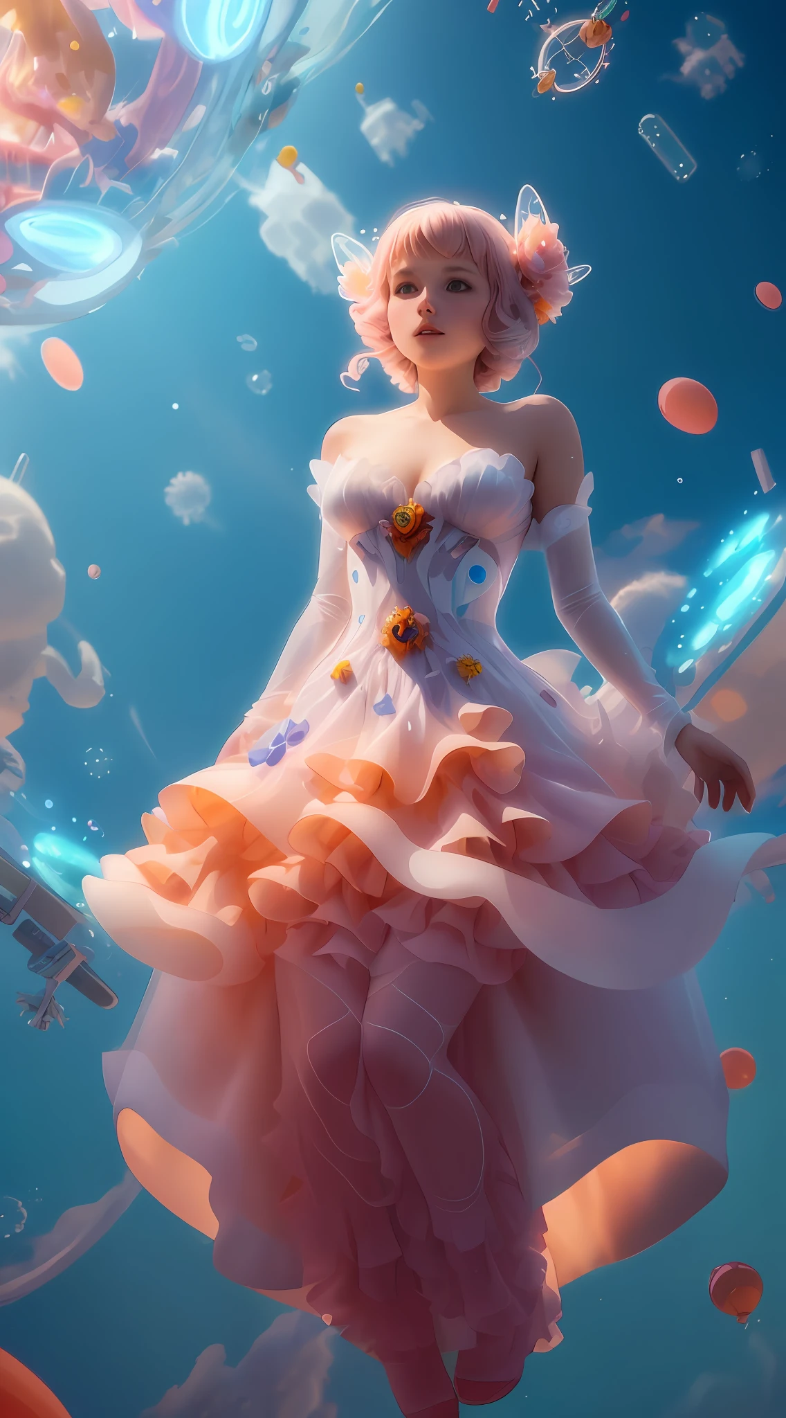a beautiful woman in a coloful luquid dress in a 3D floating space in weightlessness, transforming into electromechanical pieces, very detailed