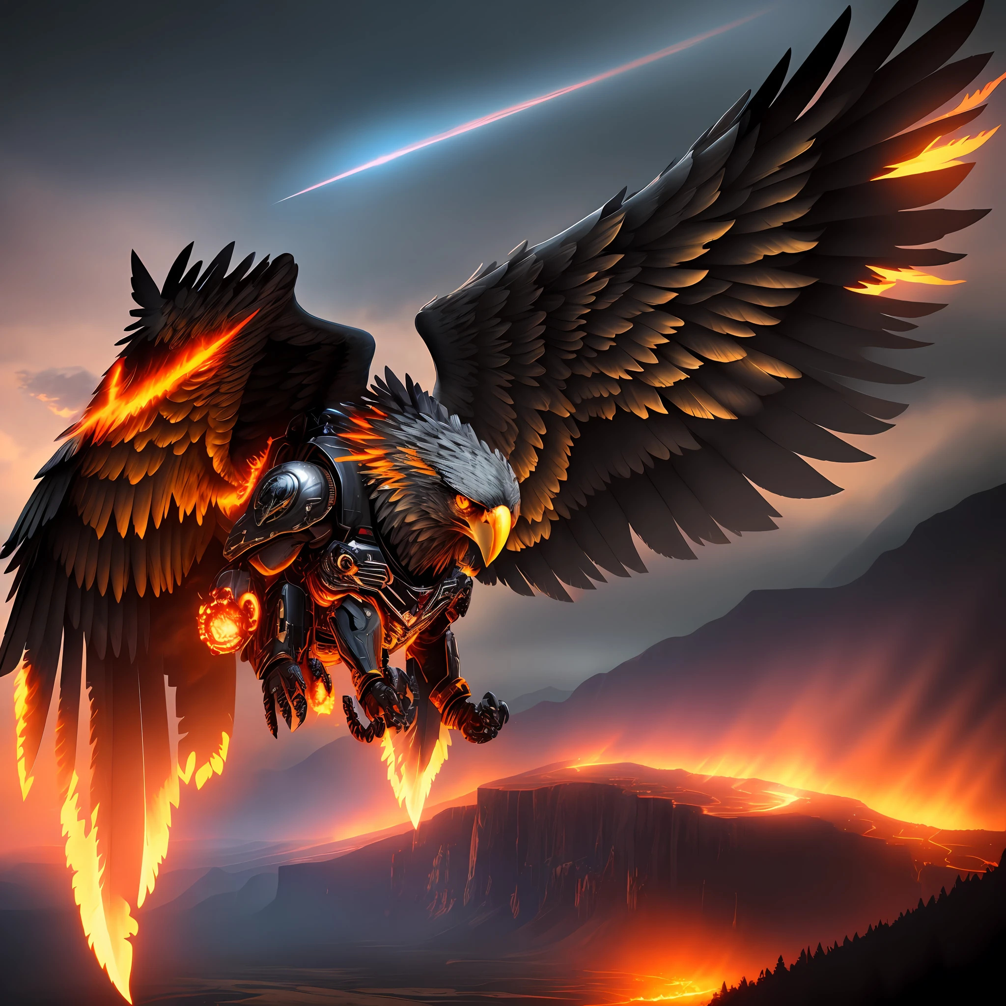 Steel eagle, flaming eyes, flying, scary landscape, vivid colors, 8k quality