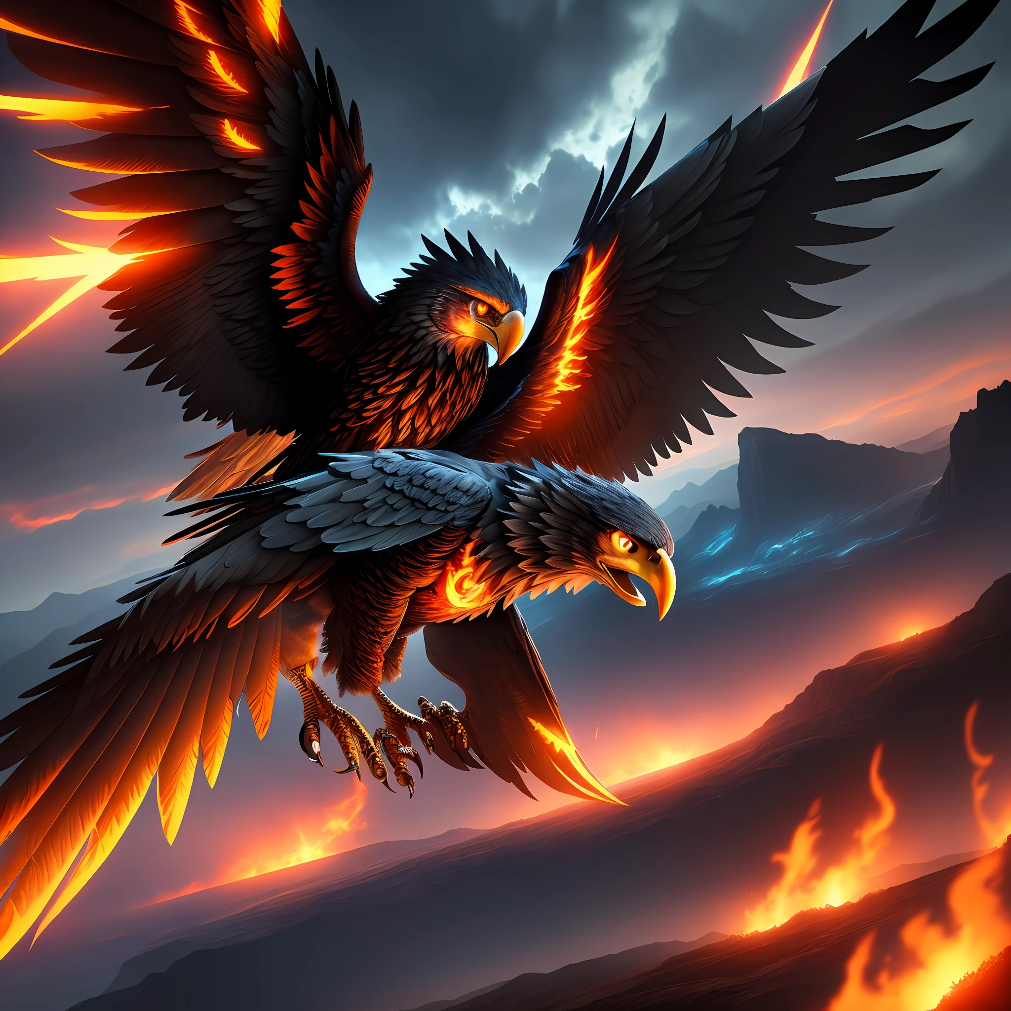 Steel eagle, flaming eyes, flying, scary landscape, vivid colors, 8k quality