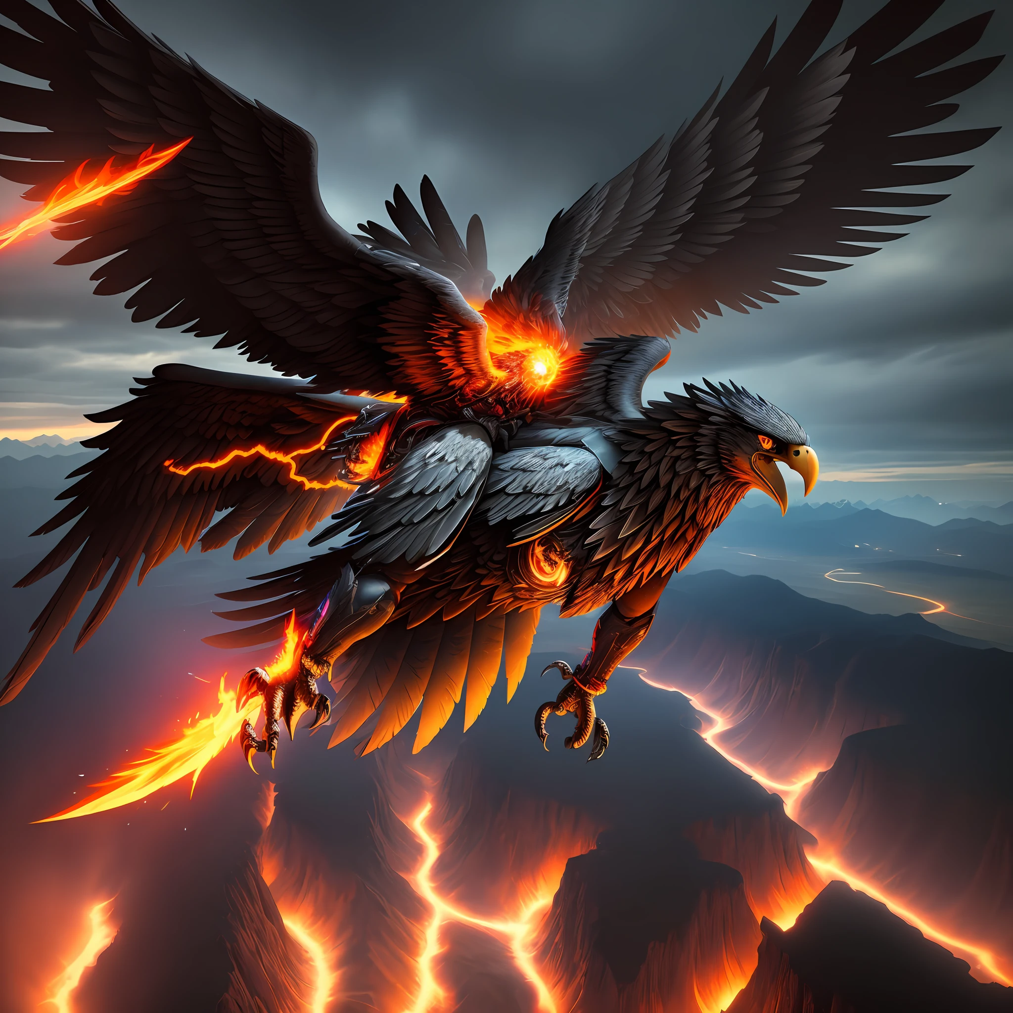 Steel eagle, flaming eyes, flying, scary landscape, vivid colors, 8k quality