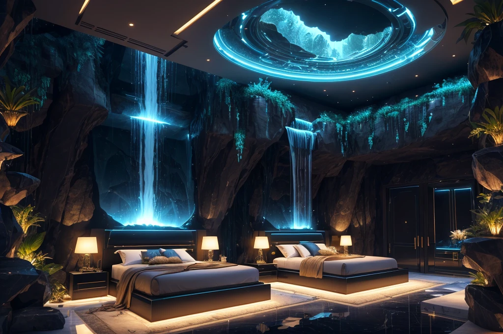 incredible luxurious futuristic bedroom interior in Ancient Egyptian style with many lush plants (lotus flowers:1.5, palm trees:2, rocky walls, sand:1.5, waterfalls:1.1), marble, precious minerals: 2, metals, gemstones, crystals, clouds and (water:1.6), ((futuristic luxury furniture)), crocodiles, hieroglyphics:1.5, ultra luxury:2, black marble – with beautiful lights:1.5, Unreal Engine, HQ, 16k