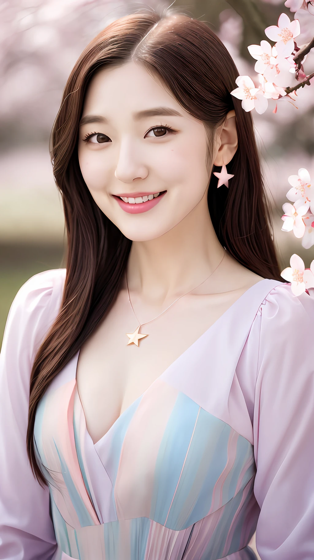 realistic photos of cute Korean star female, hair strand, thin makeup, fish necklace, medium breasts size, slightly smile, multicolour dress, at the cherry blossom tree, clear facial features, high resolution, sharp and realistic details, RAW, 16k, motion lines