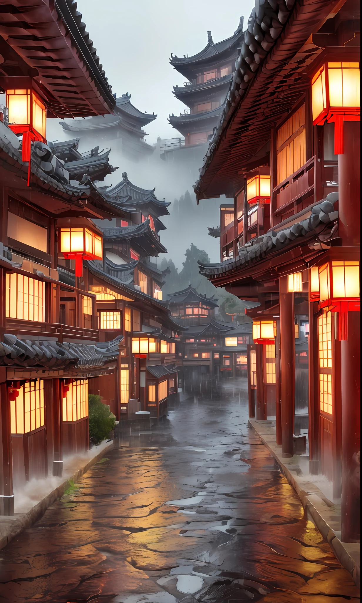 arafed view of a village with a lot of lights on the buildings, dreamy chinese town, chinese village, amazing wallpaper, japanese town, japanese village, hyper realistic photo of a town, old asian village, japanese city, by Raymond Han, rainy evening, cyberpunk chinese ancient castle, beautifully lit buildings, at evening during rain, beautiful and aesthetic, photography, cinematic, 8k, high detailed ((Heavy rain)))