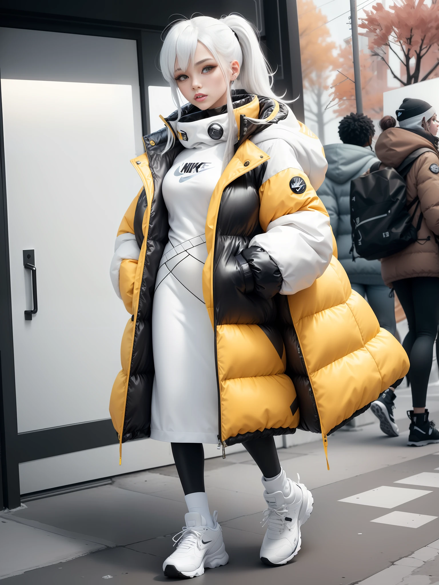 A stylish single person full of bubbles fluffy feeling of spring and autumn down jacket design space background cyberpunk ((white :1.3) + (fashion: 1.1) + (trendy: 1.2)), (nike logo), (corona rendering), (space winter down jacket concept + concept art design): 1.3), (8K: 1.3), (2:3 aspect ratio + warm color Q2), (750 pixels), ((fashion elements) :( 1.1 + spring and autumn down jacket fusion with fashion elements) ), (dynamic: 5) yellow accents