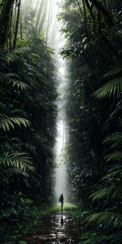 Professional photography, realistic, jungle, heavy rainfall, monochrome, vines everywhere, huge and wet trees, masterpiece, best quality, high quality, very detailed CG uniform 8k wallpaper, oil painting, award winning photography, bokeh, depth of field, HDR, bloom, chromatic aberration, realism, very detailed, trends on artstation, trends on CGsociety, intricacies, high detail, drama, midjourney art, volumetric lighting