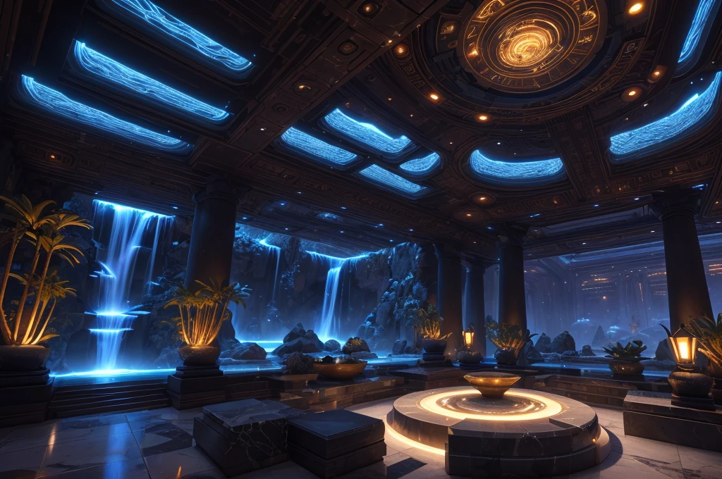 incredible luxurious futuristic interior in Ancient Egyptian style with many lush plants (lotus flowers:1.5, palm trees:2, rocky walls, sand:1.5, waterfalls:1.1), marble, precious minerals: 2, metals, gemstones, crystals, clouds and (water:1.6), curvy futuristic furniture, crocodiles, hieroglyphics:1.5, ultra luxury:2, black marble – with beautiful lights:1.5, Unreal Engine, HQ, 16k