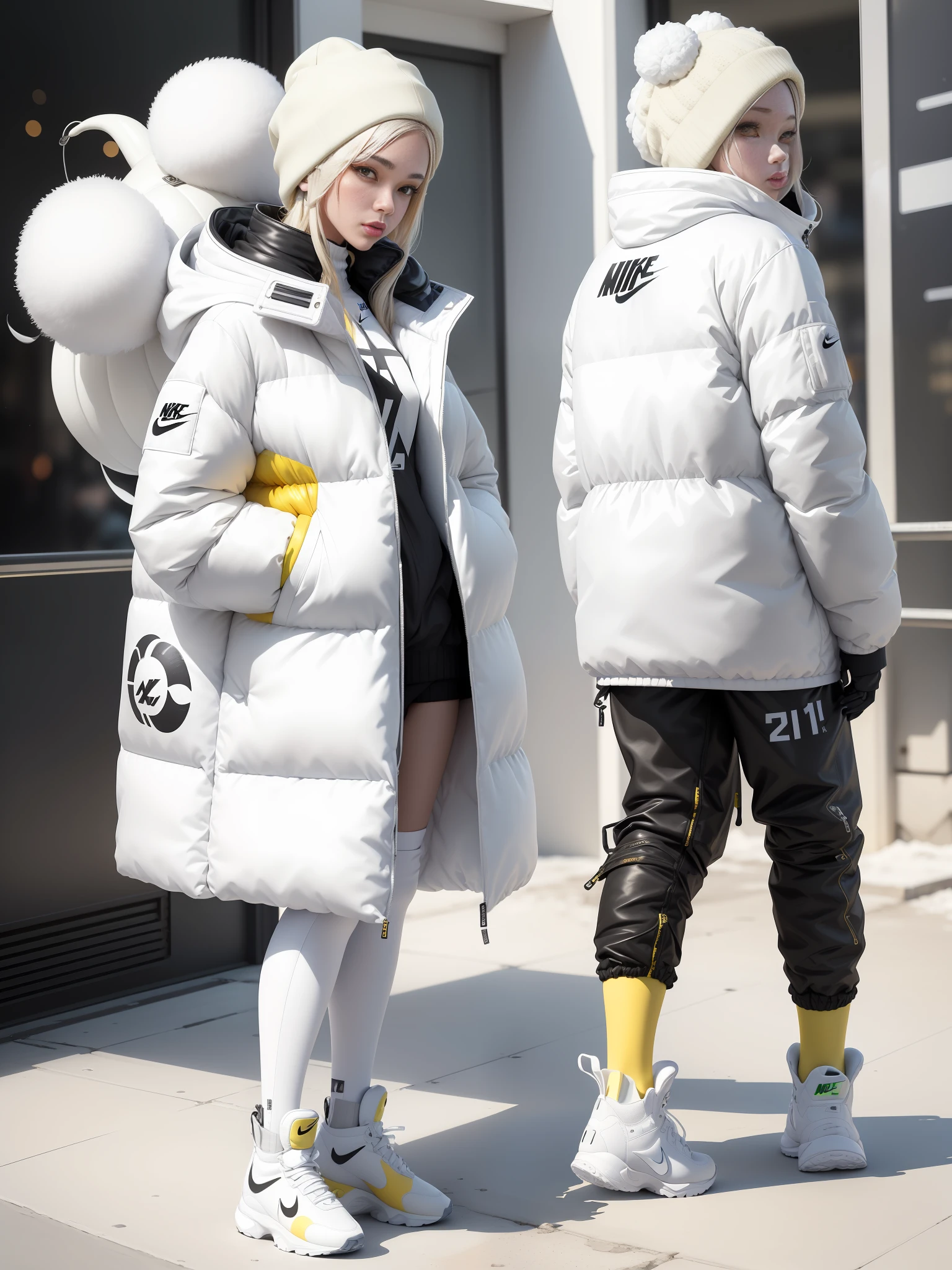 A stylish single person full of bubbles fluffy feeling of spring and autumn down jacket design space background cyberpunk ((white :1.3) + (fashion: 1.1) + (trendy: 1.2)), (nike logo), (corona rendering), (space winter down jacket concept + concept art design): 1.3), (8K: 1.3), (2:3 aspect ratio + warm color Q2), (750 pixels), ((fashion elements) :( 1.1 + spring and autumn down jacket fusion with fashion elements) ), (dynamic: 5) yellow accents