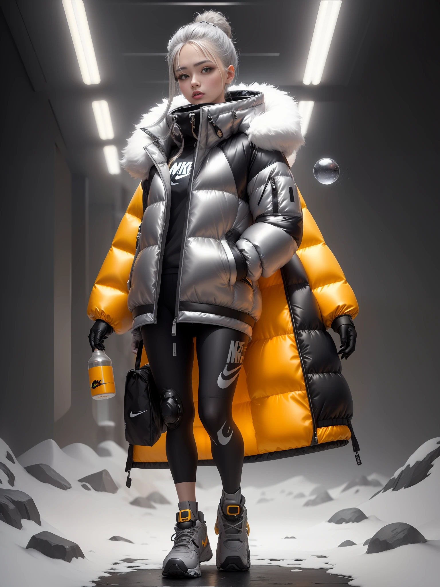 A stylish one-man spring and autumn down jacket design space background full of bubbles and fluffy feeling Cyberpunk ((silver gray: 1.3) + (fashion: 1.1) + (trendy: 1.2)), (nike logo), (corona rendering), (space winter down jacket concept + concept art design): 1.3), (8K: 1.3), (2:3 aspect ratio + warm color Q2), (750 pixels), ((fashion elements) :( 1.1 + spring and autumn down jacket fusion with fashion elements )), (dynamic: 5) yellow accents